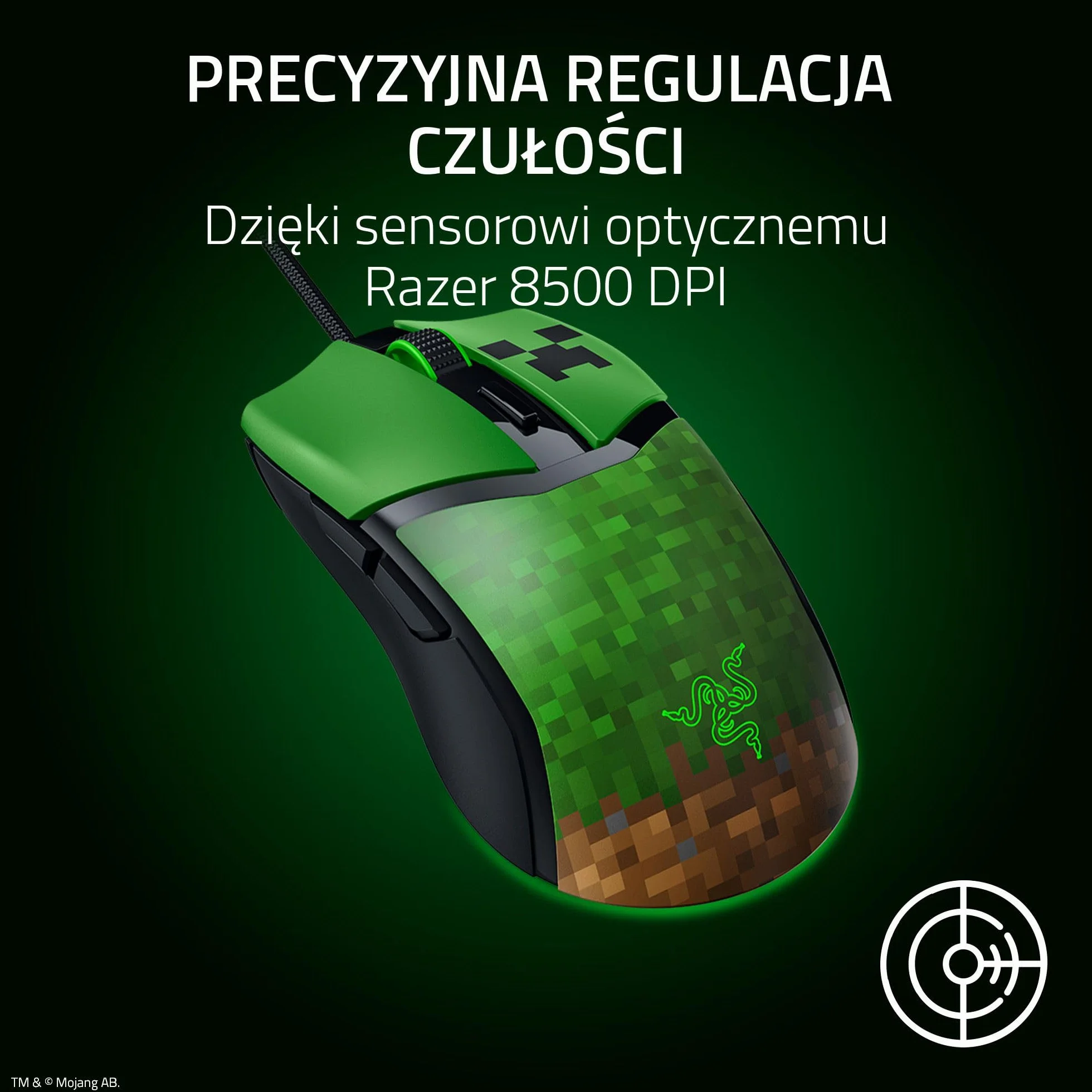 Razer Cobra Minecraft Edition lekka przewodowa mysz do gier 8500 DPI 58 g optyczne przełączniki 3. generacji podświetlenie Chroma kabel Speedflex