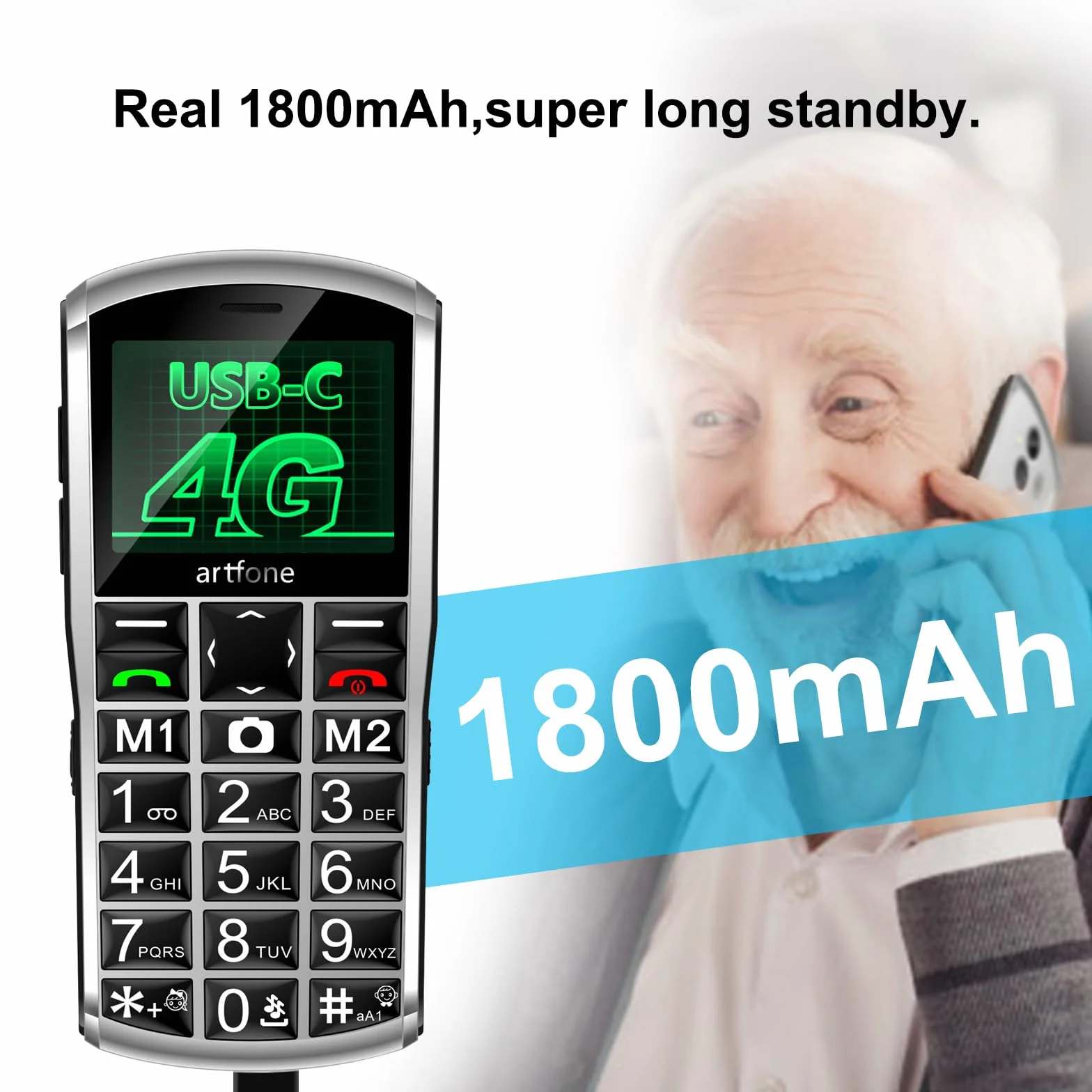 artfone Telefon komórkowy 4G dla seniorów bez umowy, telefon komórkowy dla emerytów, duże przyciski, akumulator 1800 mAh, telefon komórkowy dla seniorów, Dual Nano SIM,przycisk SOS, stacja ładująca