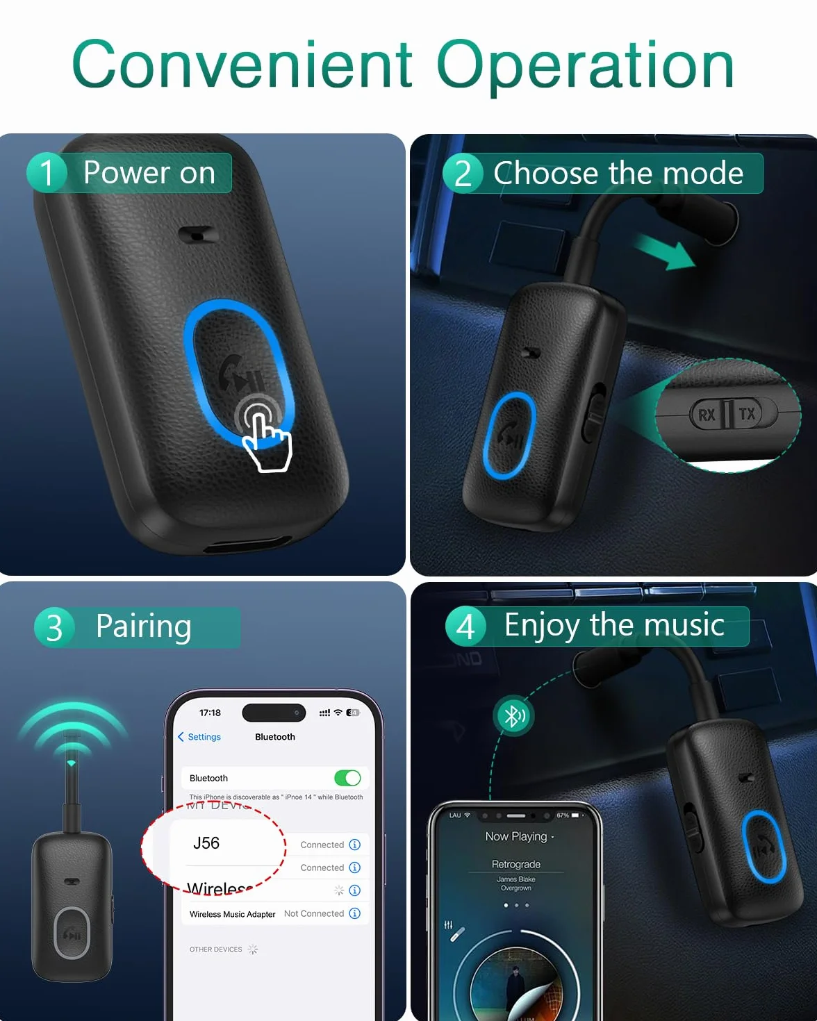 ORIA Adapter AUX Bluetooth, 2 w 1, Bluetooth 5.4, transmiter, odbiornik z zestawem głośnomówiącym, odbiornik audio jack do samochodu, telewizora, komputera, głośnika, słuchawek