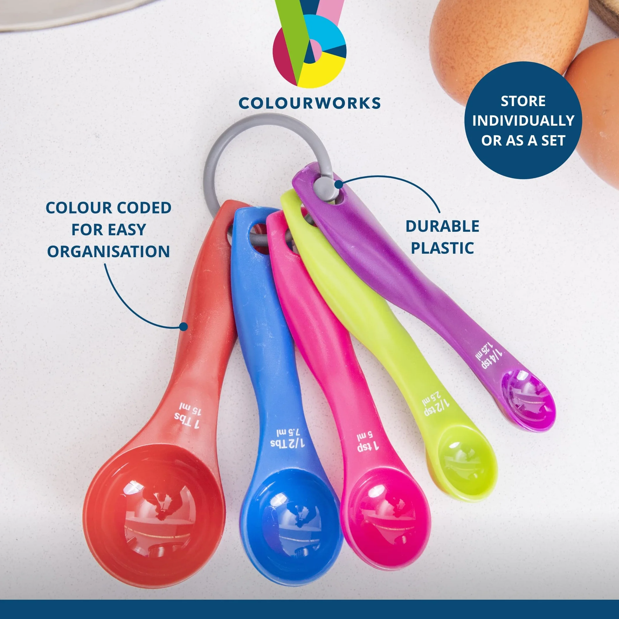 Colourworks Zestaw łyżek pomiarowych, 5 łyżek do pomiaru żywności, trwałe, odporne na plamy i nadają się do mycia w zmywarce, tworzywo sztuczne, jasne kolory, jasne