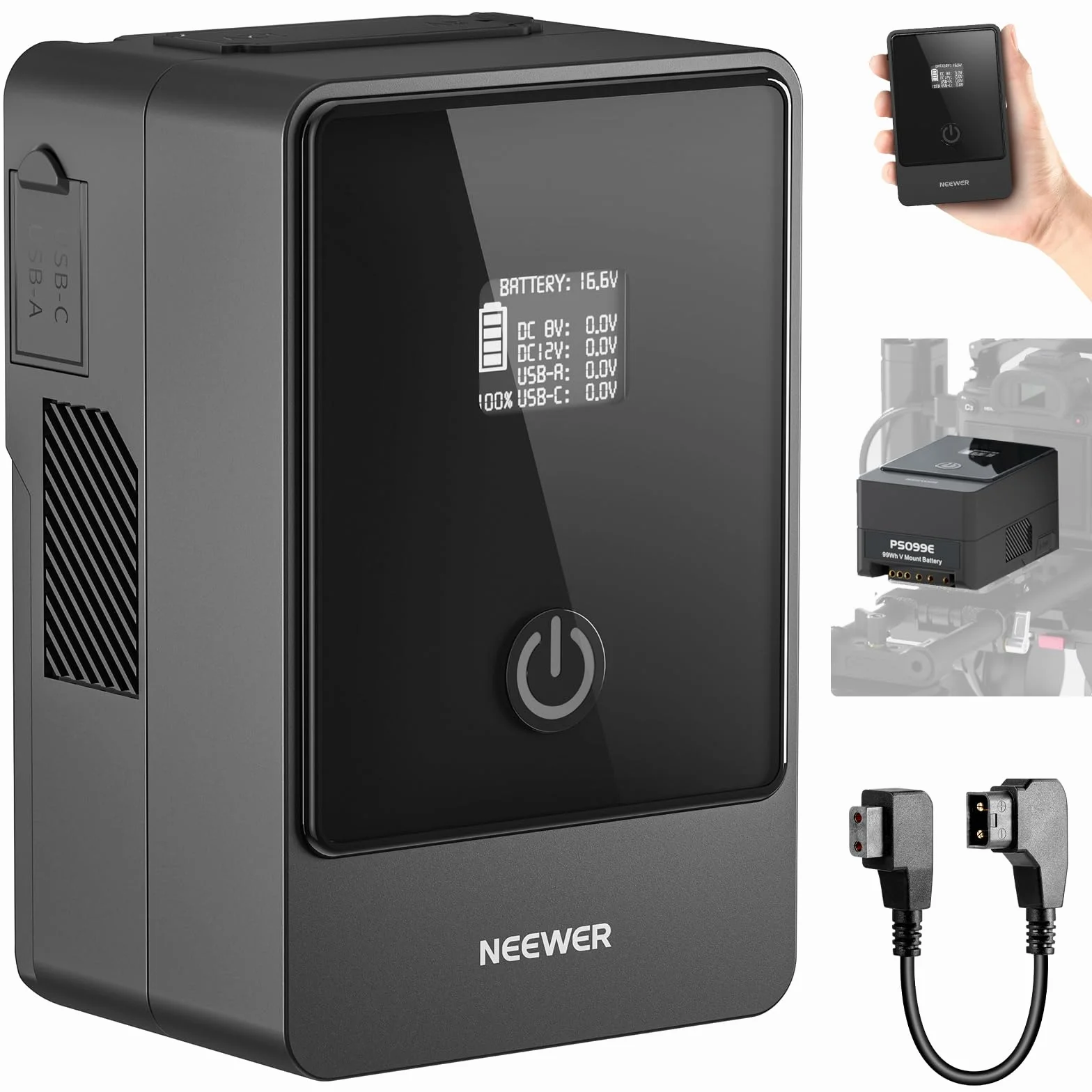 NEEWER Bateria mini V, 6800 mAh, 99 Wh, 14,5 V, bateria mini V z 65 W PD typ C/D Tap/BP/USB A/podwójny port DC/wyświetlacz OLED do kamery wideo kompatybilny z SmallRig BMPCC 4k 6k, PS099E
