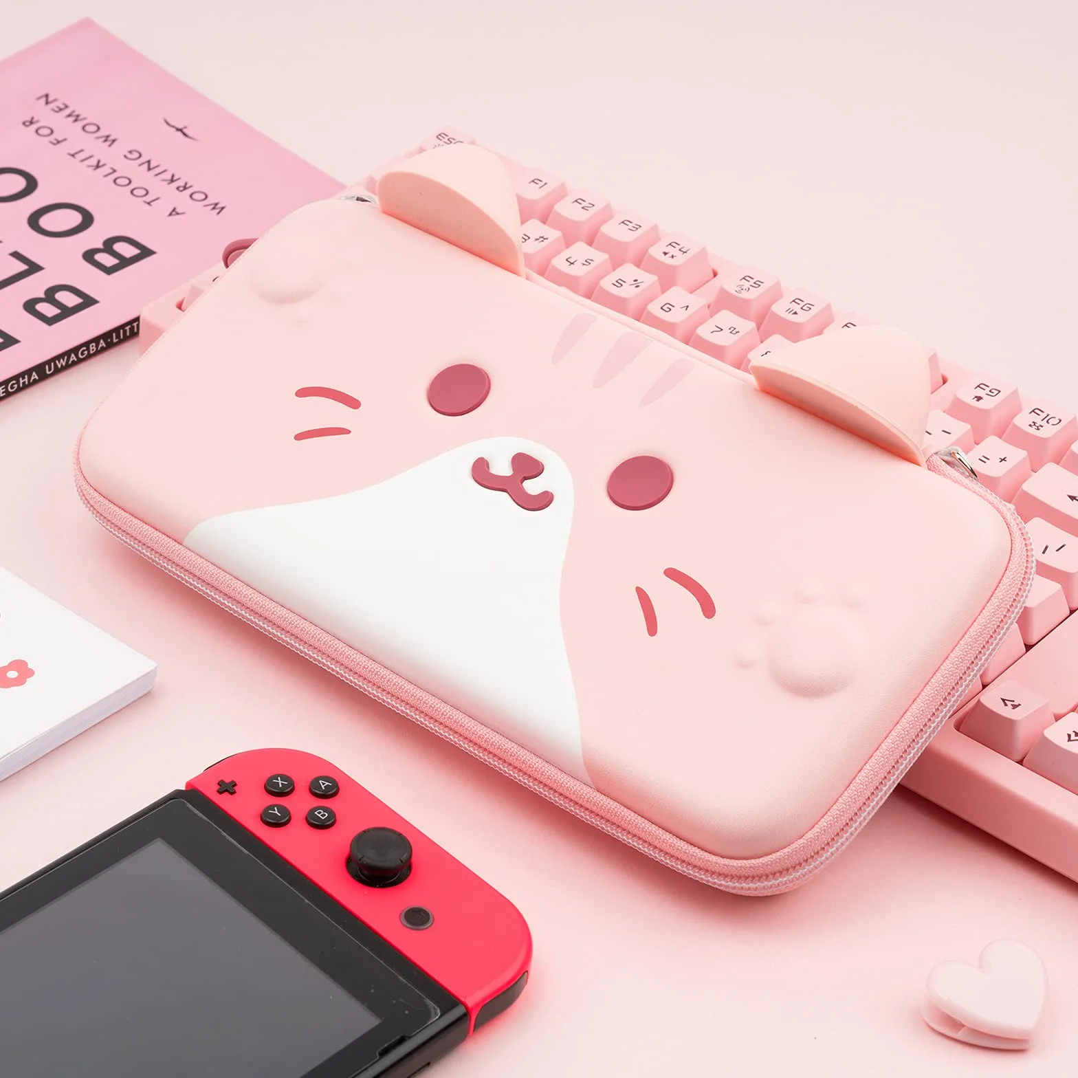 GeekShare Torba podróżna z kocimi uszami kompatybilna z Nintendo Switch/Switch OLED - przenośna torba podróżna Hardshell Slim kompatybilna z konsolą Switch i akcesoriami do gier - pasek na rękę,