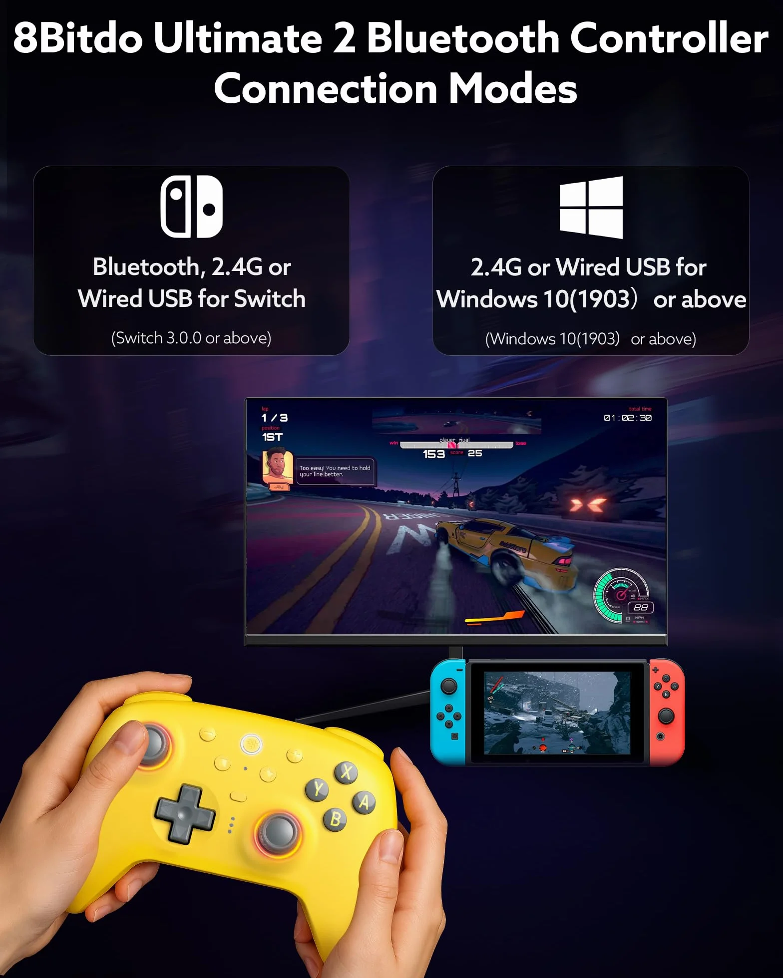 8Bitdo Ultimate 2 Kontroler Bluetooth Do Switch 2, Switch, Windows PC, Joystick TMR, Pierścień Świetlny RGB, Przełączane Wyzwalacze Dotykowe Efektem Halla, Programowalne Przyciski L4/R4, Żółty
