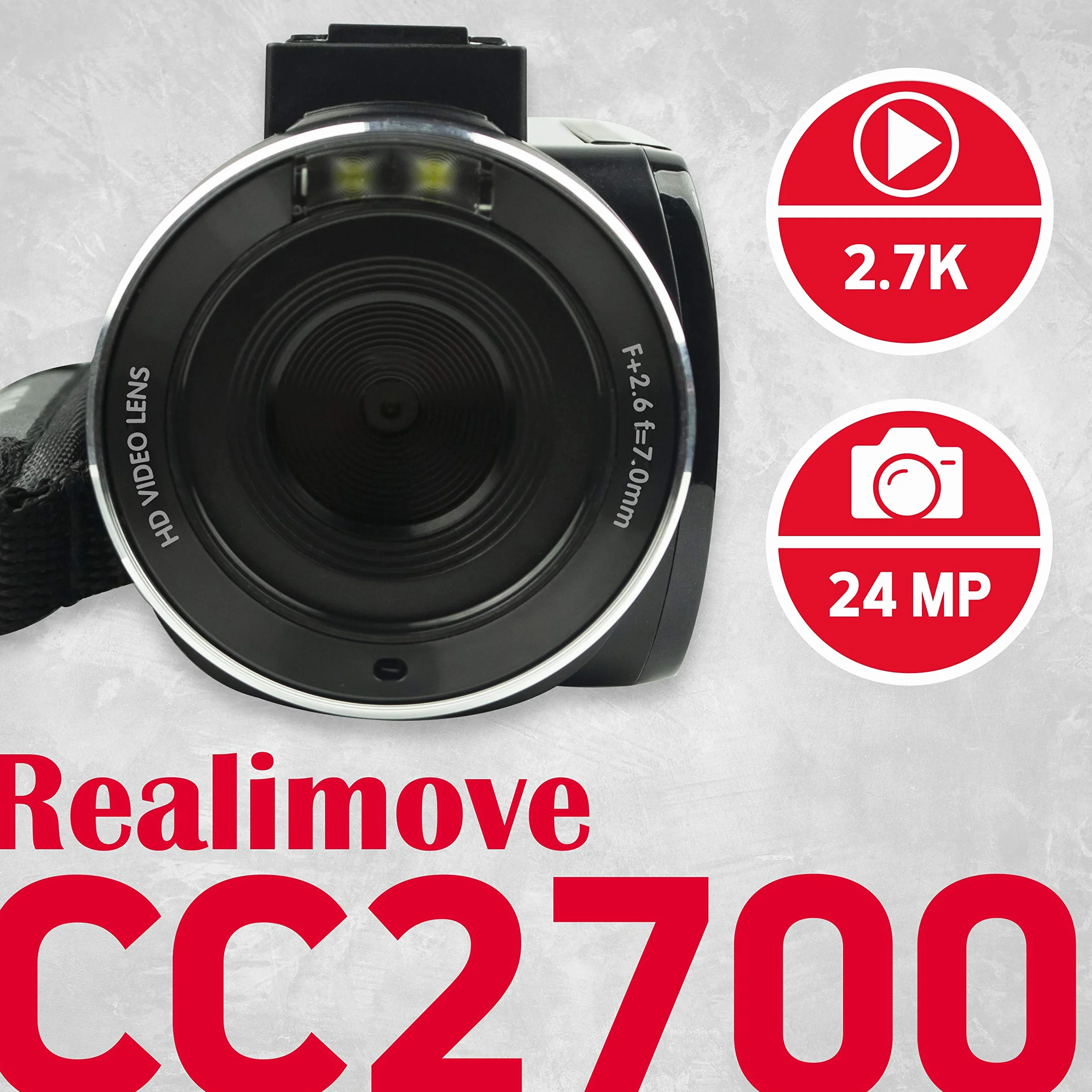 AgfaPhoto Realimove CC2700 kamera wideo 2,7 K, zdjęcia 24 MP, ekran dotykowy IPS 3,0", zoom cyfrowy 18x, światło LED, pilot zdalnego sterowania, 2 x bateria litowa