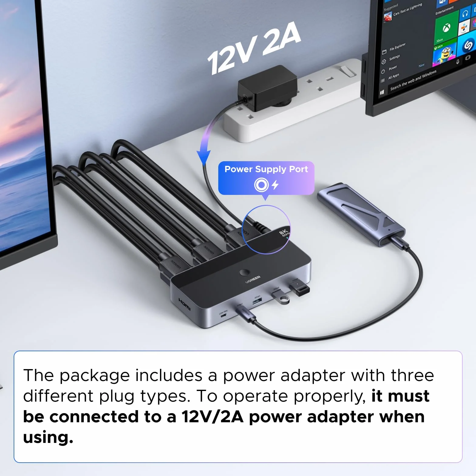 UGREEN Przełącznik KVM HDMI z podwójnym wyświetlaczem, 2 Komputery 2 Monitory, 8K60Hz, 4K240Hz, przełączanie klawiatury i kontrolera pulpitu, 4 porty USB 3.0