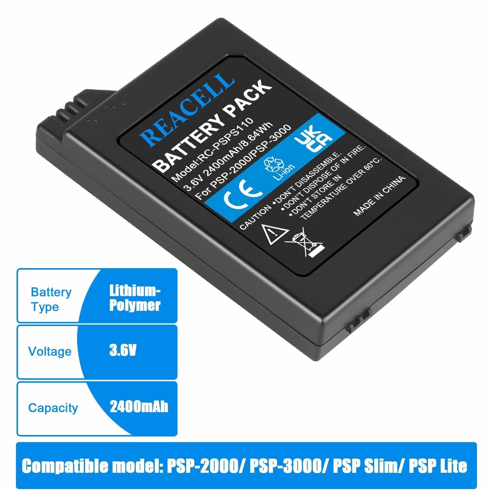 2400mAh 3.6V Zastępczy akumulator do PSP-S110 Kompatybilny z PSP-S110, PSP-2001, PSP-3000, PSP-3004, PSP-3001, PSP-3002