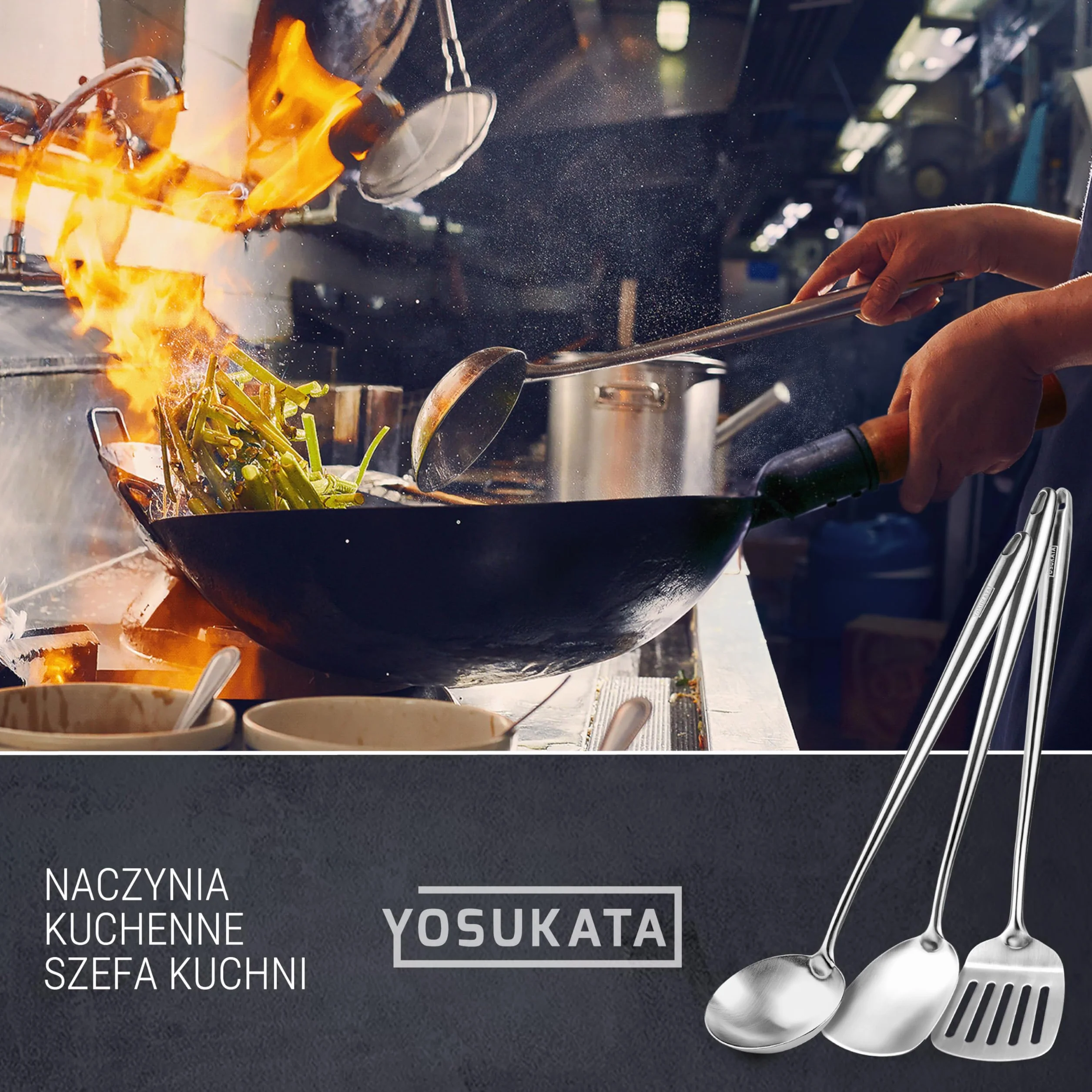 YOSUKATA Łopatka Łyżka Wazowa i Łopatka do Przewracania 43 cm do Woka - 304 Stal Nierdzewna - Zestaw Narzędzi Odpornych na Ciepło