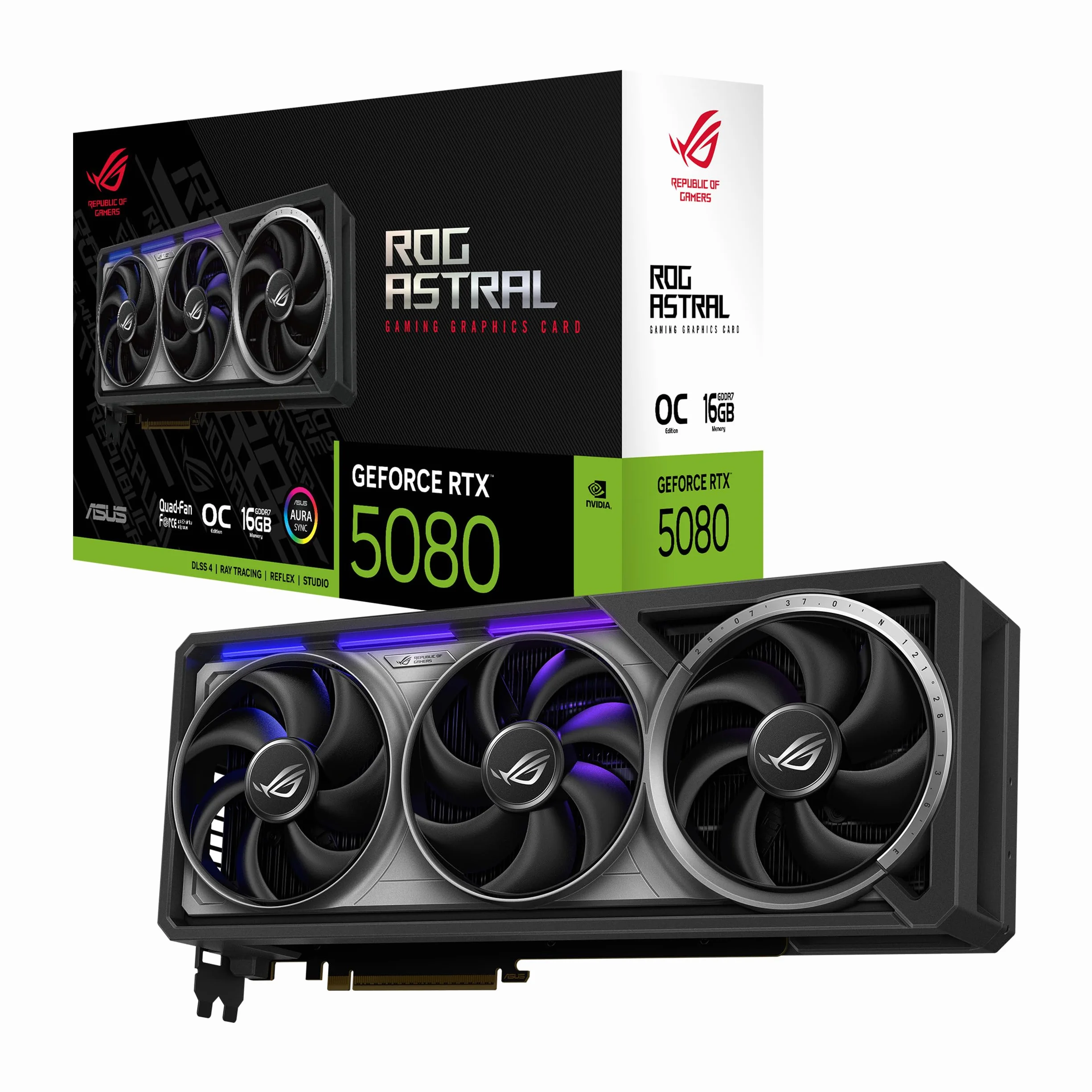 ASUS ROG Astral GeForce RTX 5080 16 GB GDDR7 OC Edition karta graficzna dla graczy (Nvidia GeForce RTX5080, cztery wentylatory, PCIe 5.0, 2X HDMI 2.1b, 3X DisplayPort 2.1a,