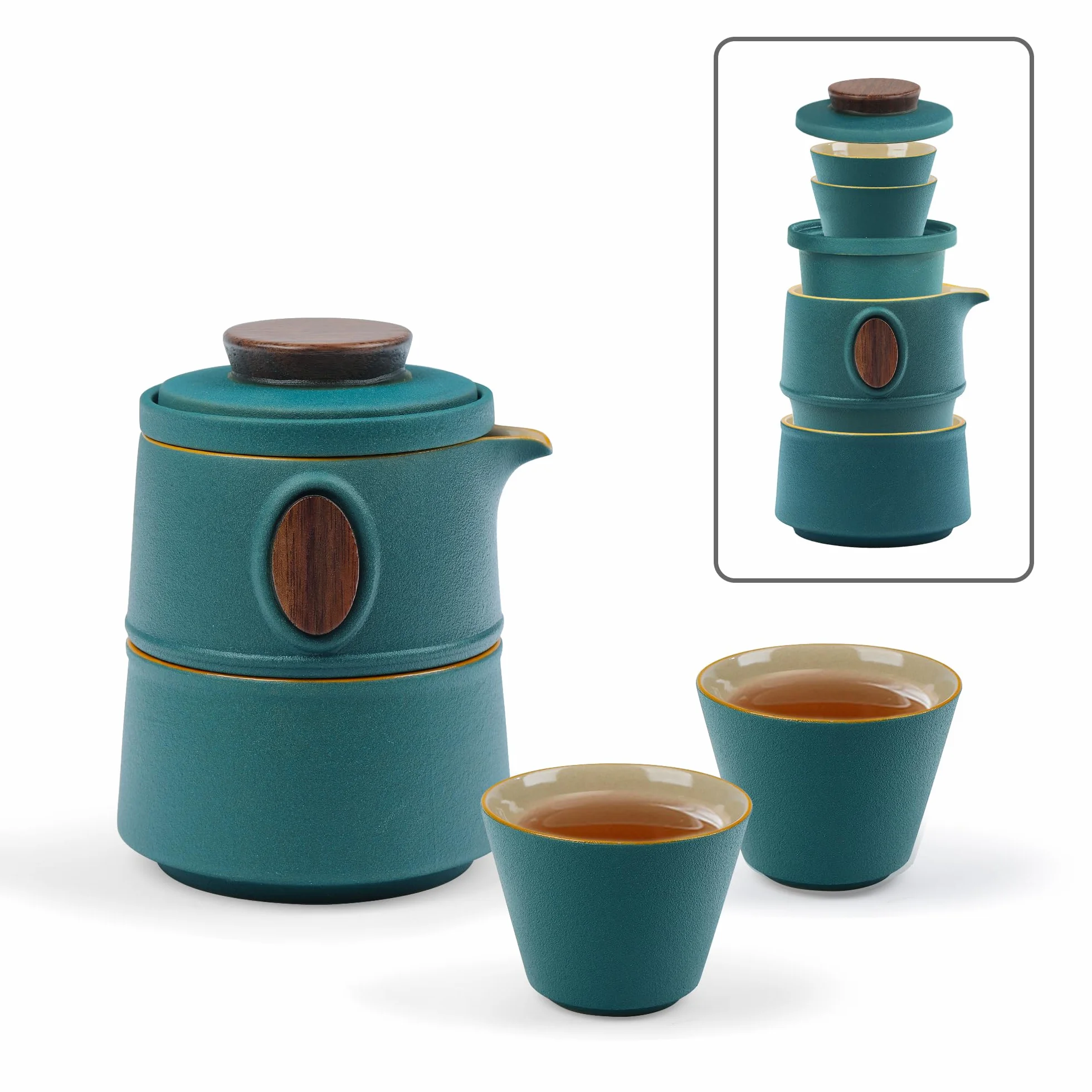 fanquare Przenośny podróżny zestaw do herbaty z etui zielona porcelana chiński czajniczek do kung fu z zaparzaczem mini 1 czajniczek 3 filiżanki na zewnątrz