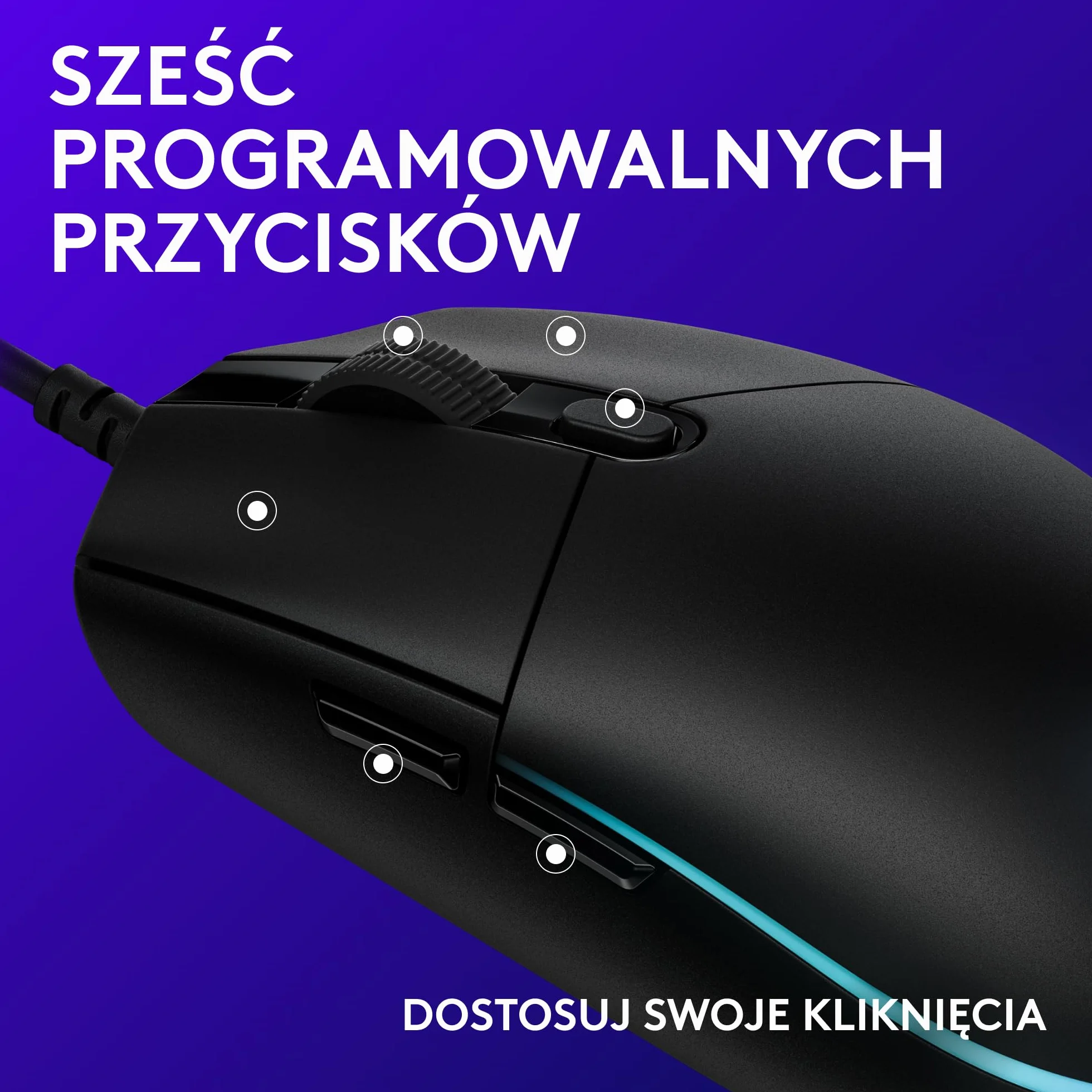 Logitech G G203 LIGHTSYNC Mysz do gier z konfigurowalnym podświetleniem RGB, 6 programowalnymi przyciskami, czujnikiem klasy gamingowej, śledzeniem 8K DPI, lekka - Czarny
