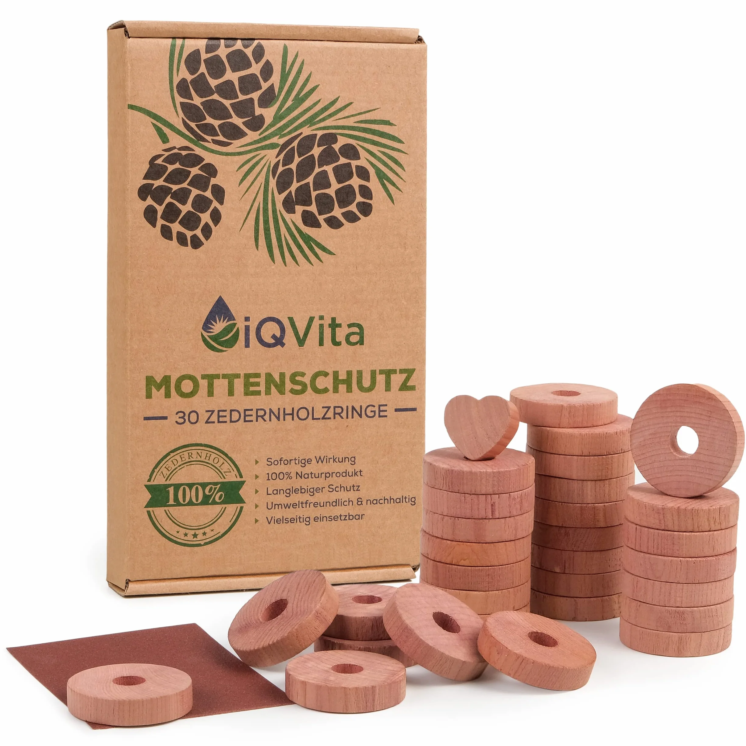 iQVita Naturalne krążki chroniące przed molami, 30 sztuk, z drewna cedrowego, w 100% produkt naturalny, do szafy na ubrania, biopułapka na mole, bez chemii