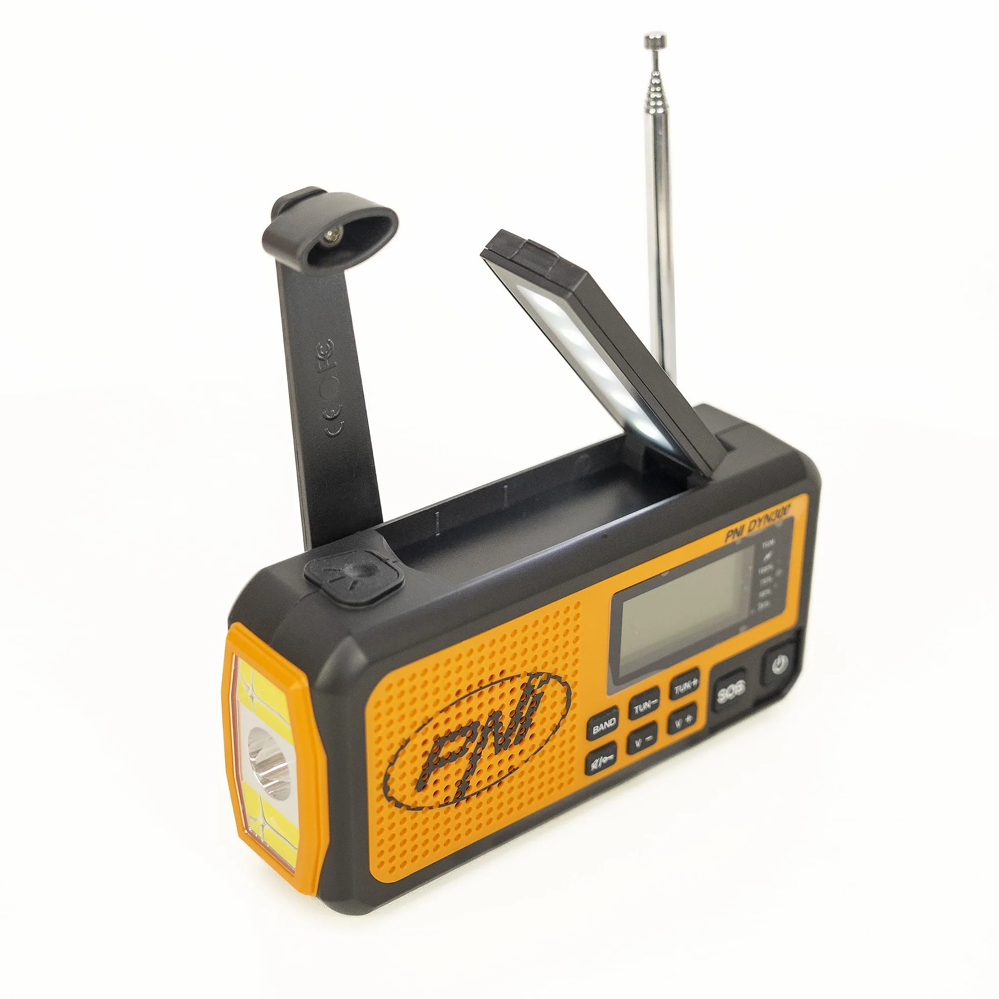 PNI DYN300 przenośne radio z dynamo, ładowanie słoneczne, latarka, power bank 4000 mAh, SOS, IPX3, pomarańczowe