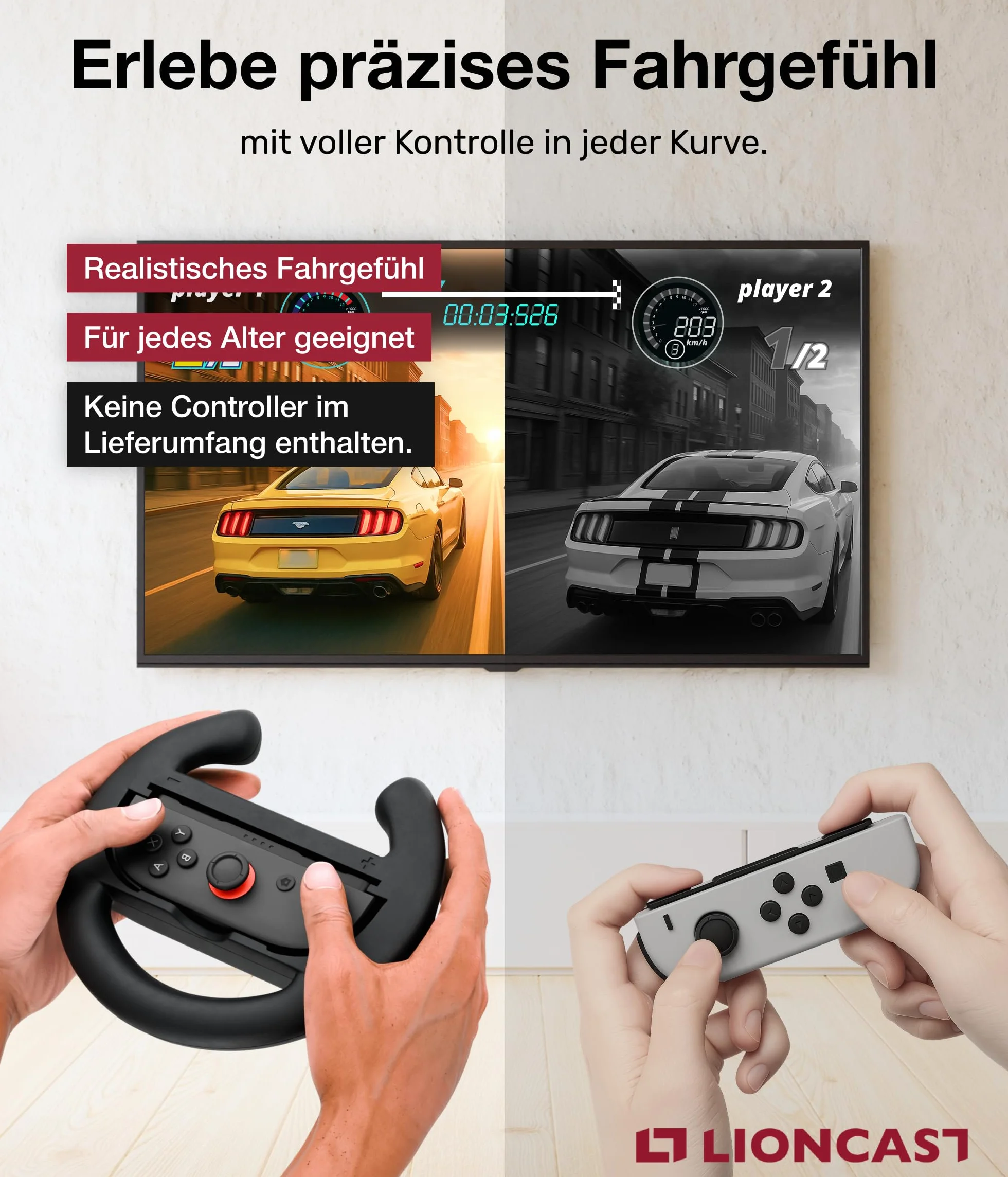 Lioncast kierownica kompatybilna z Nintendo Switch zestaw 2-częściowy z ergonomicznymi uchwytami, kierownica Joy Con Switch 1&2, NSW 1&2 kółka