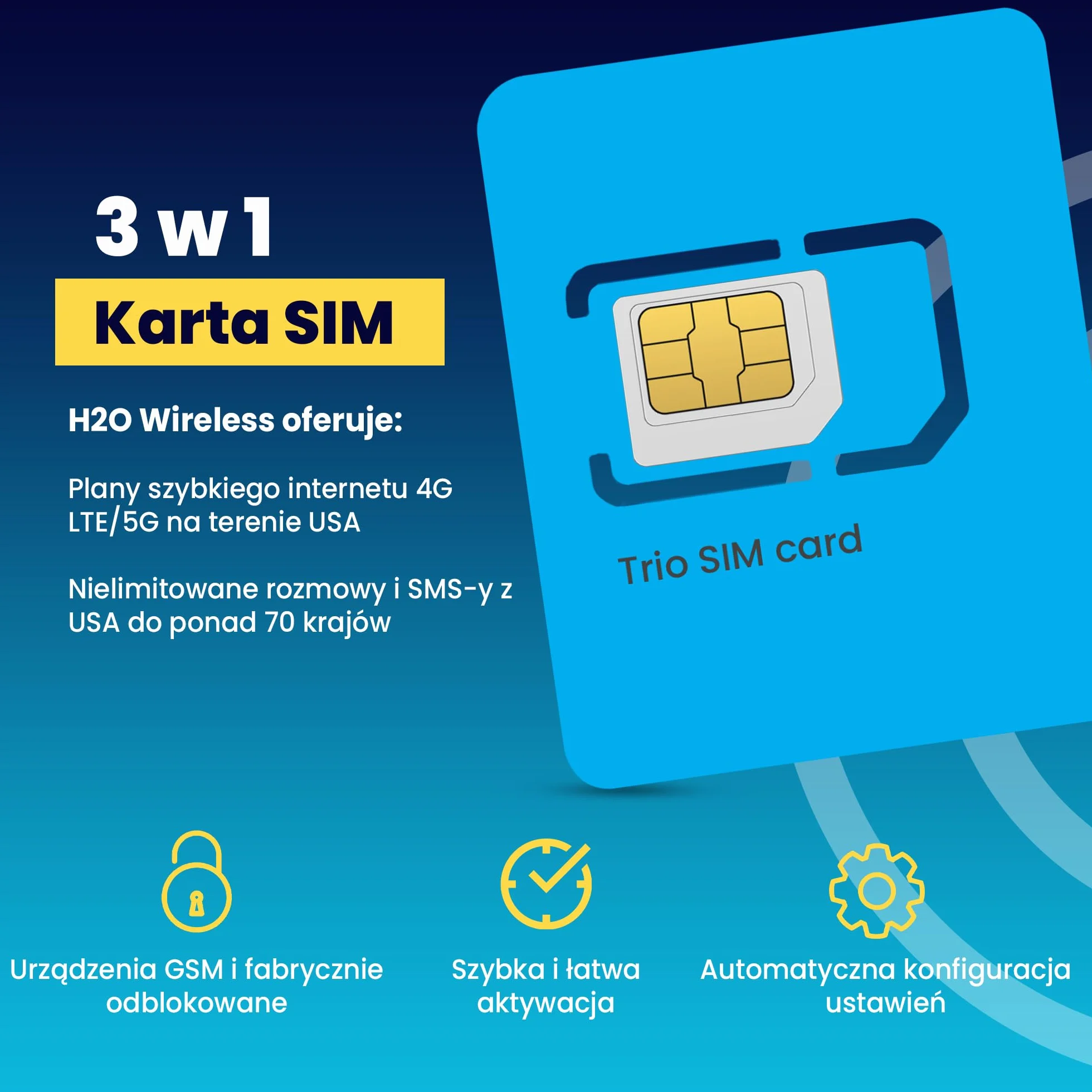 H2O Wireless Przedpłacona Fizyczna Karta SIM USA na 30 Dni - 10GB Szybkiego Internetu 4G LTE/5G + 5GB Hotspotu, Nielimitowane Dane, Rozmowy i SMS-y do Ponad 70 Krajów, Karta SIM do Telefonu