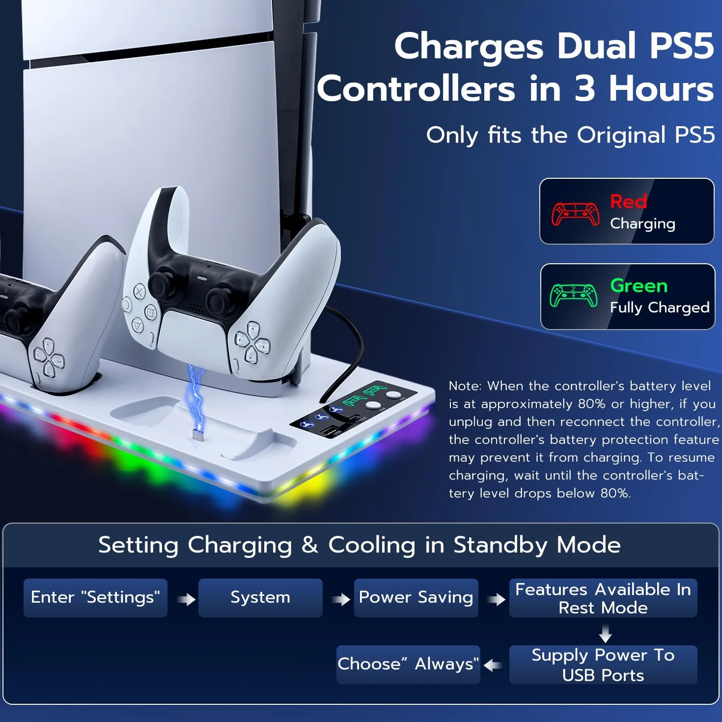 Pionowa podstawa z chłodzeniem do PS5/PS5 Slim, stacja ładująca Dual Controller z 3-stopniowym wentylatorem/światło RGB do PS5 UHD & Digital / PS5 Slim Disc & Digital