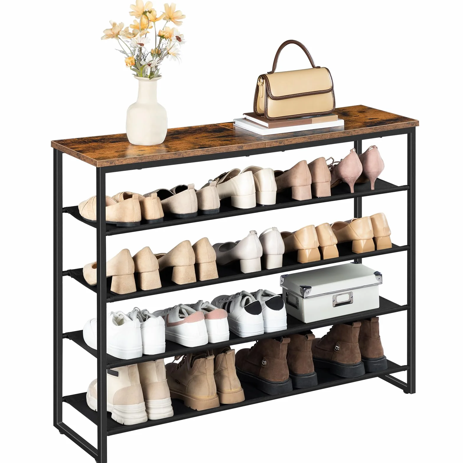 HOOBRO Stojak na buty, 5-poziomowy organizer do przechowywania butów, półka na buty z 4 półkami z tkaniny i górnym panelem, mieści 16-20 par butów, do przedpokoju, szafy, stalowej ramy, przemysłowej,