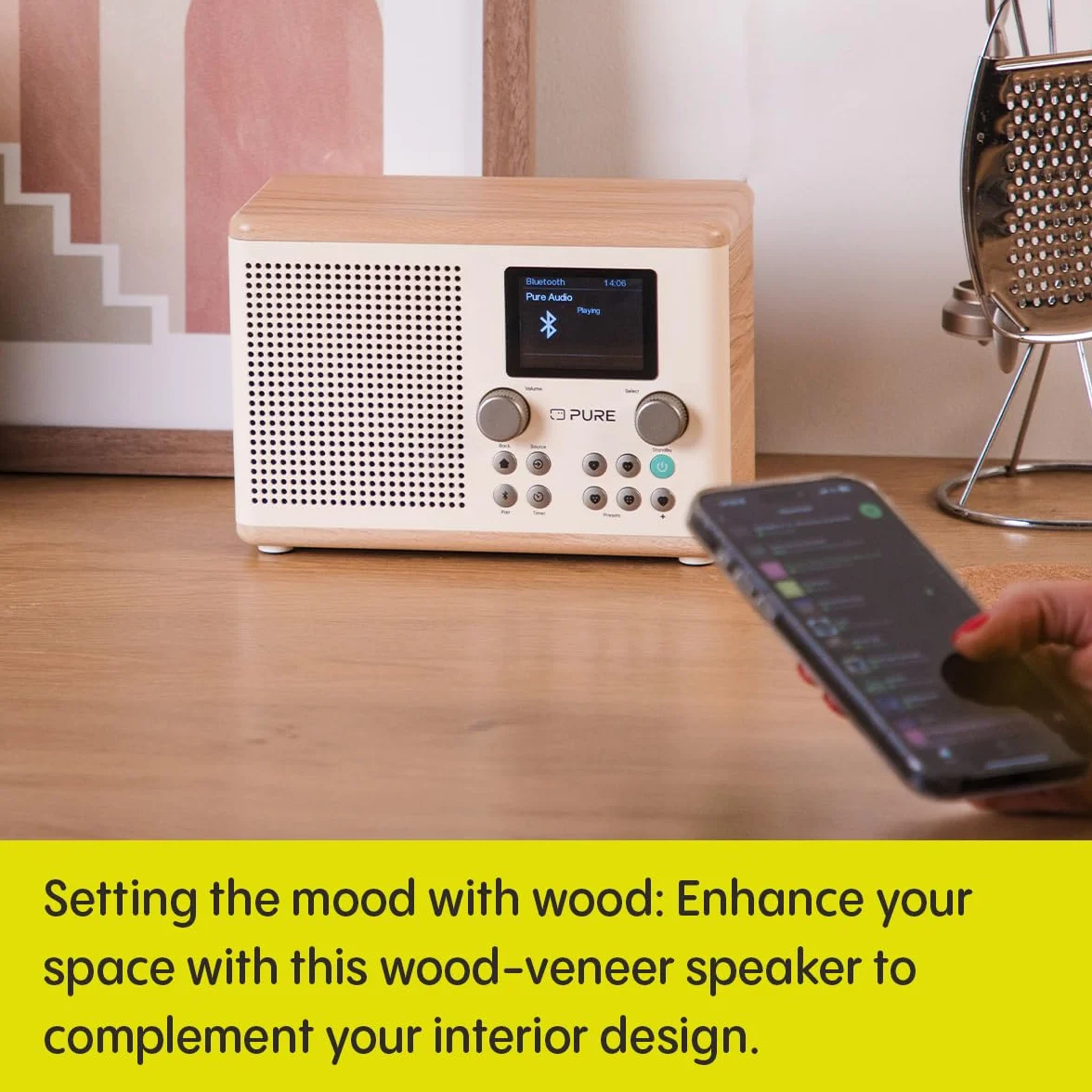 Pure Klasyczne cyfrowe radio kuchenne H4 (Dab+/FM, Bluetooth, USB, AUX, zegar kuchenny, alarm), biała bawełna/dąb