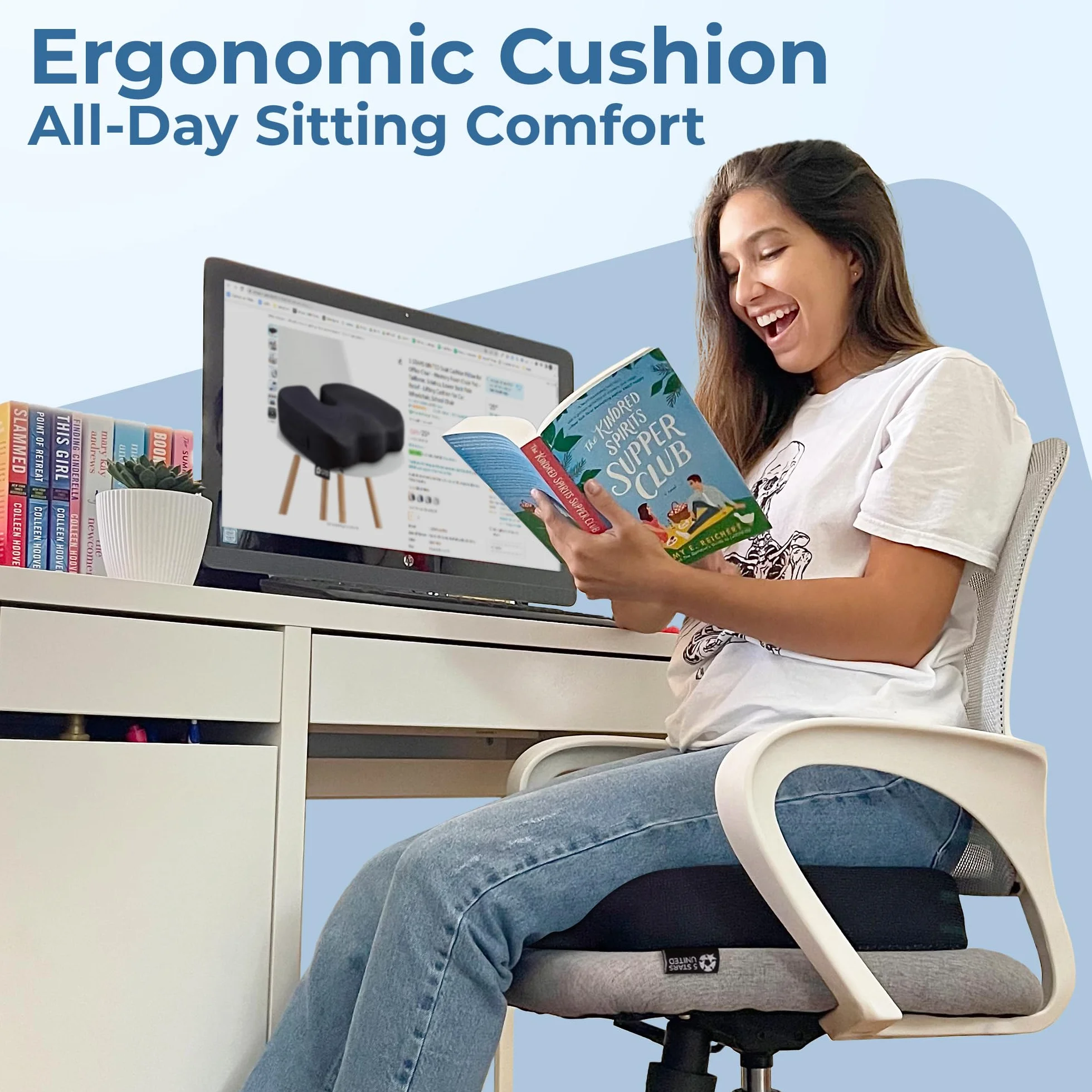 5 STARS UNITED Memory Foam Seat Cushion, ergonomic coccyx pad for office chair, sciatica & back pain relief, non-slip, portable, washable cover - black