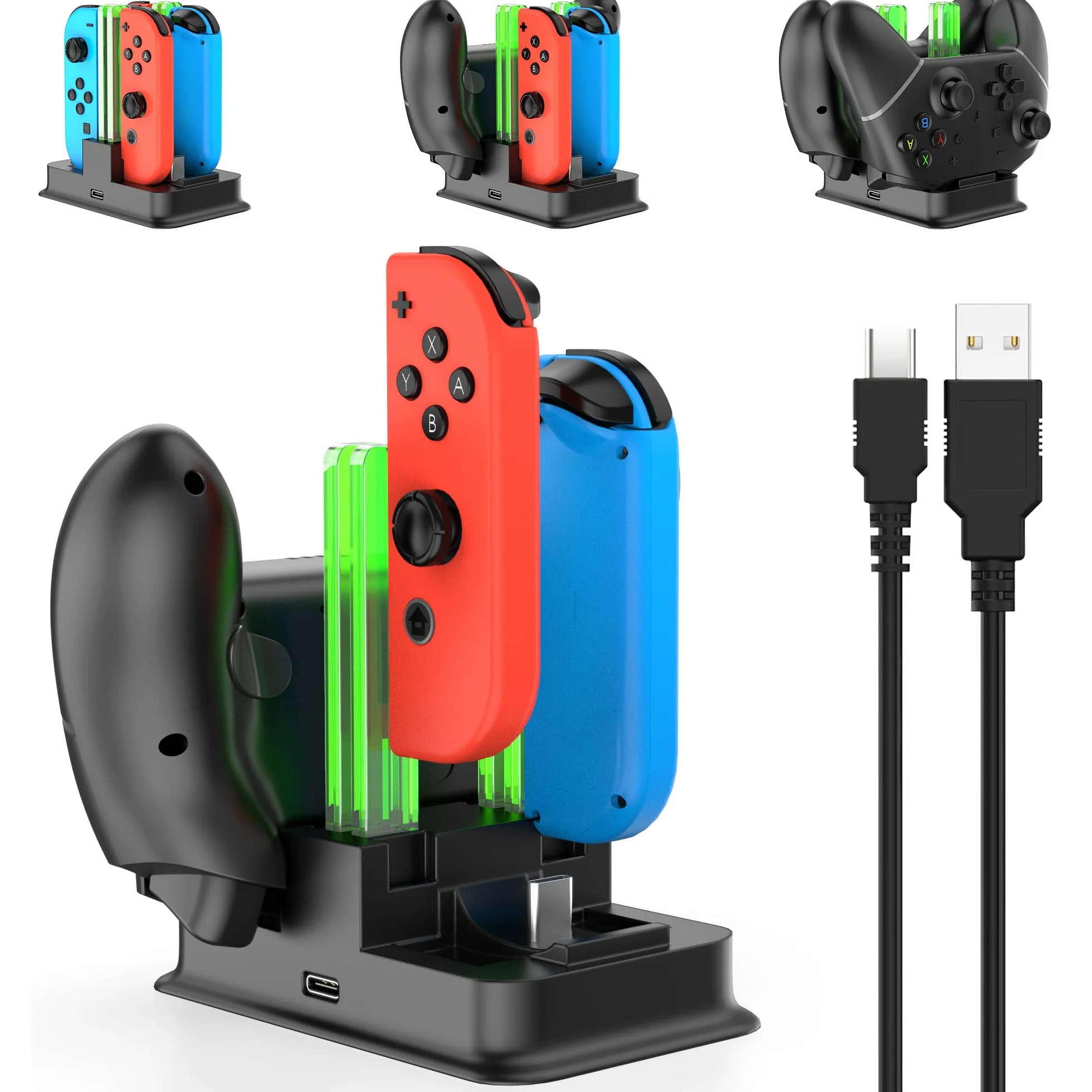 RREAKA Charging Dock for Nintendo Switch Joy Con Charger with LED Light Bar, Switch OLED Joycon Charging Stand - Black