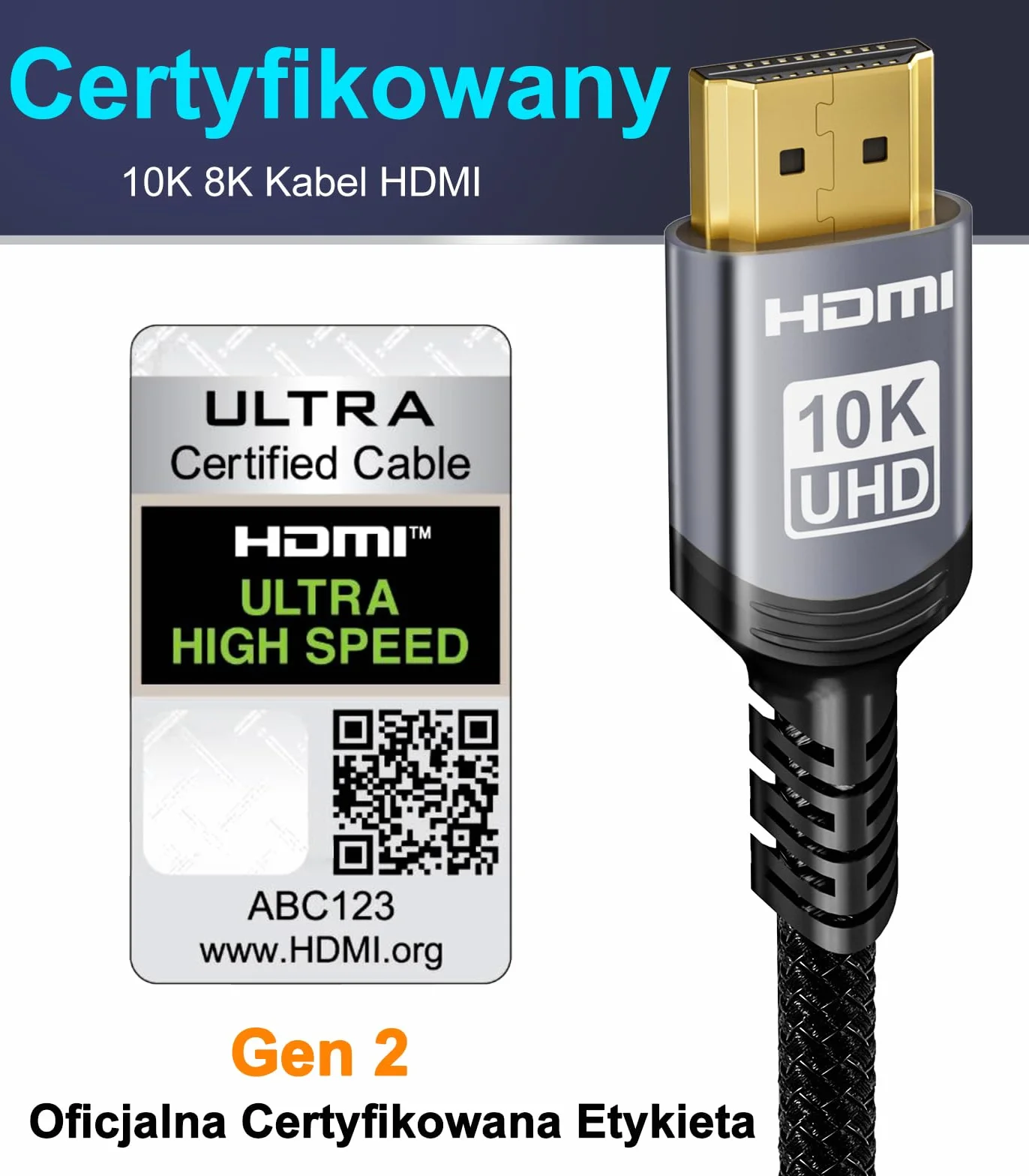 Sniokco 10K 8K 4K Kabel HDMI 2.1 48Gbps 2M Certyfikowany Ultra Wysokiej Prędkości Kabel HDMI® 0.01ms 4K 240Hz 165Hz 120Hz 8K 60Hz eARC Netflix HDCP 2.3 2.2 HDR10+ TV Monitor Projektor Roku X-box