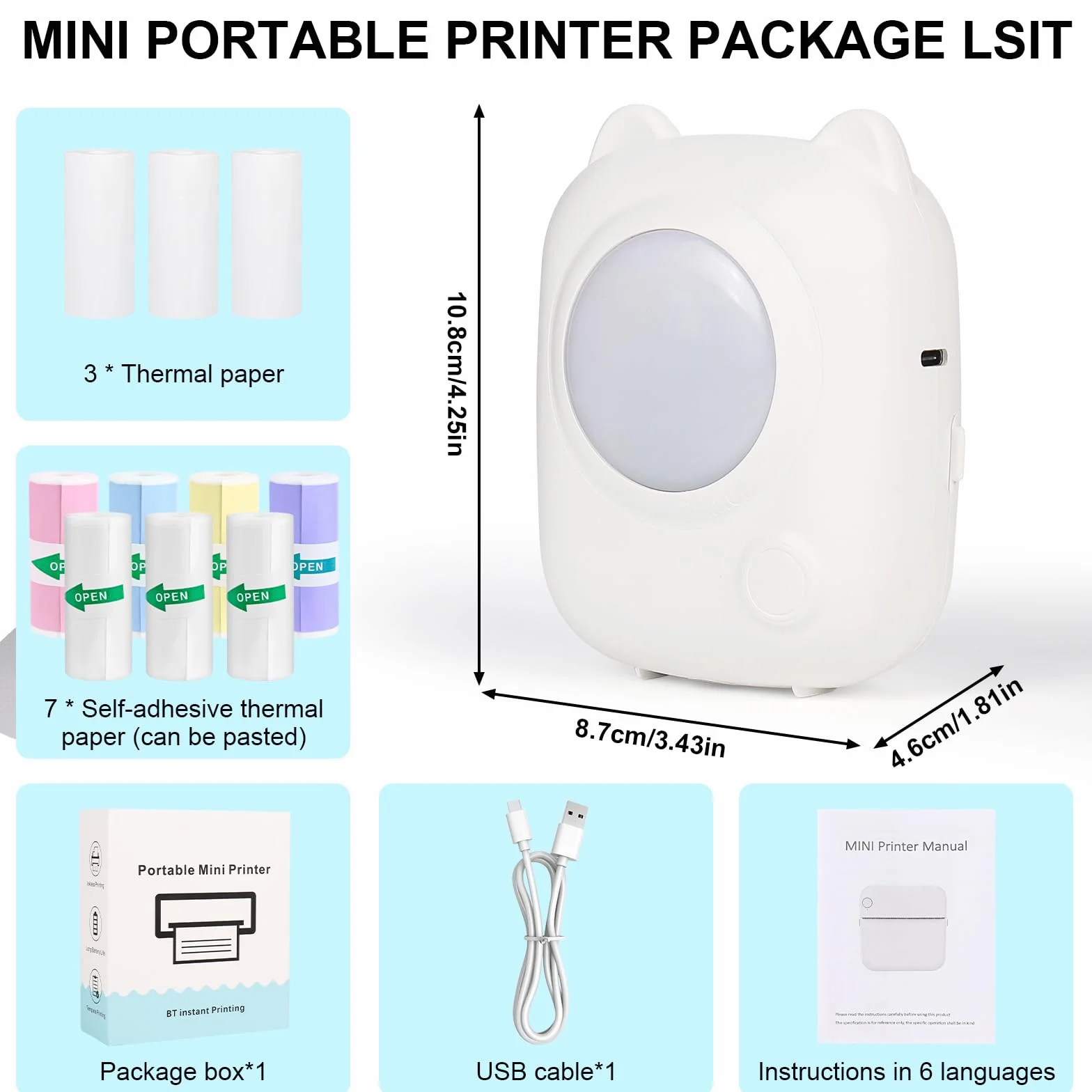 Mini drukarka, mobilna drukarka fotograficzna, przenośna mini drukarka fotograficzna, bezprzewodowa drukarka fotograficzna, 10 rolek papieru do drukarki i 5 kredek, smartfon, drukarka