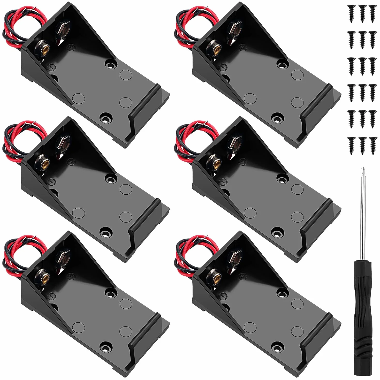 6 Sztuk 9V Battery Holder, KUOQIY Plastikowy Pojemnik na Baterie 9V z Przewodem, Pojemnik na Baterie 9V do CCTV, Silnika, Solenoidu, Taśmy LED, ze Śrubą i Śrubokrętem