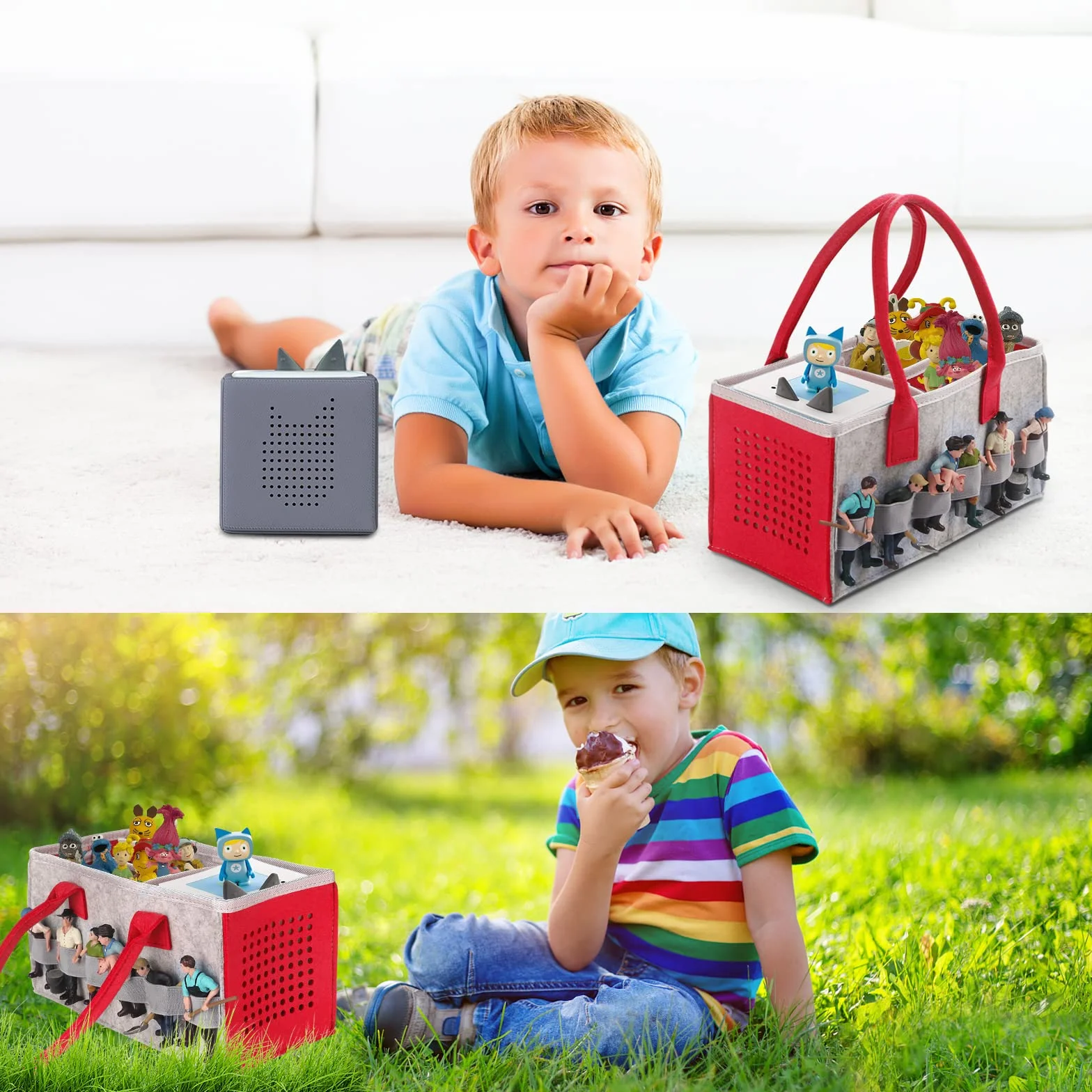 Chedin Tonie Toniebox Akcesoria Organizer Pokrowców Ochronnych z Przechowywaniem Figurek dużo miejsca Torba na Toniebox Zestaw Startowy i Figurki Tonies Torba do Noszenia (Szary + Czerwony)