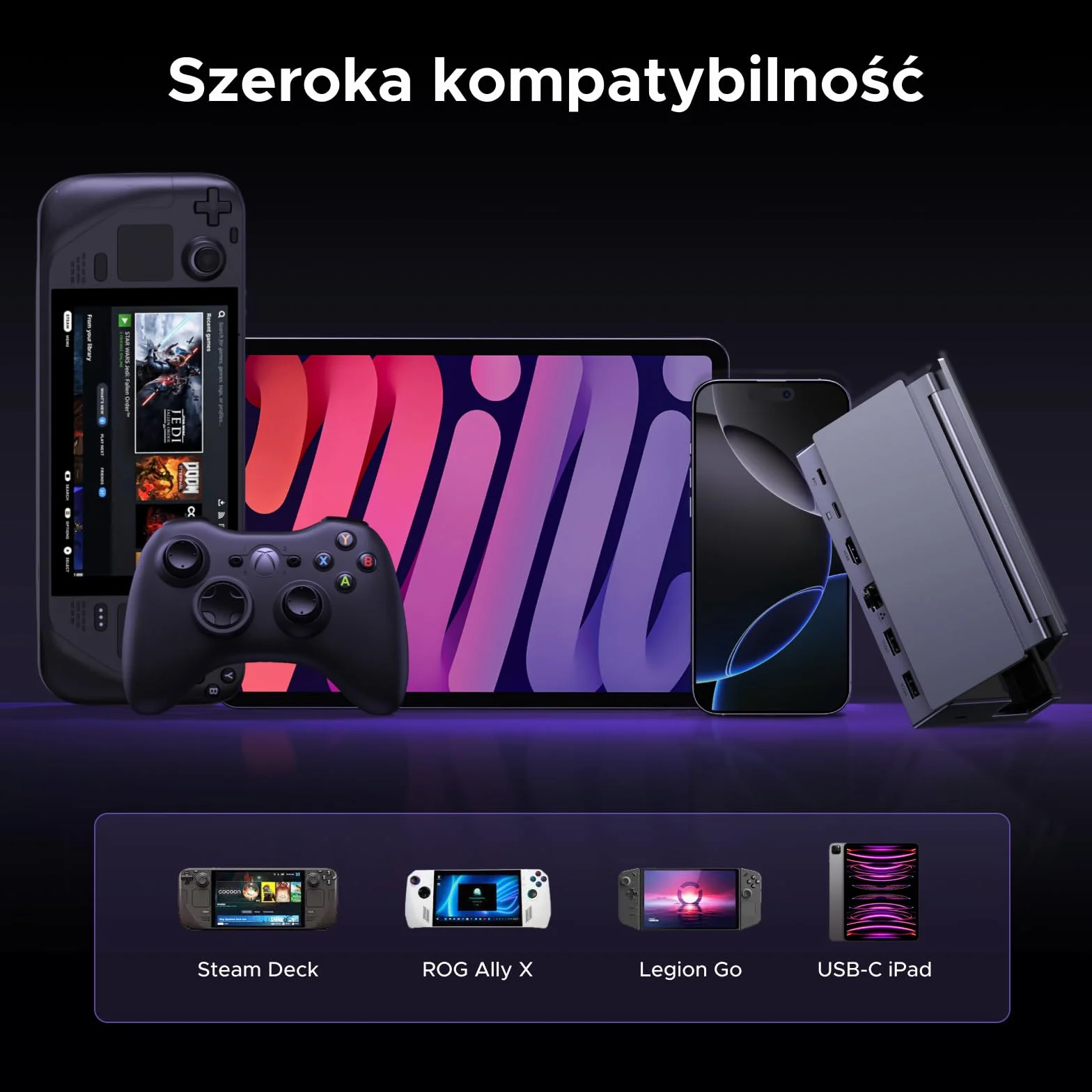 Stacja dokująca UGREEN Steam Deck z HDMI 4K@120Hz, regulowana, z portami USB A 5 Gb/s i USB C 3.0, ładowaniem PD 100 W, Ethernetem 1 Gb/s, kompatybilna ze Steam Deck, ROG Ally, Legion Go i innymi