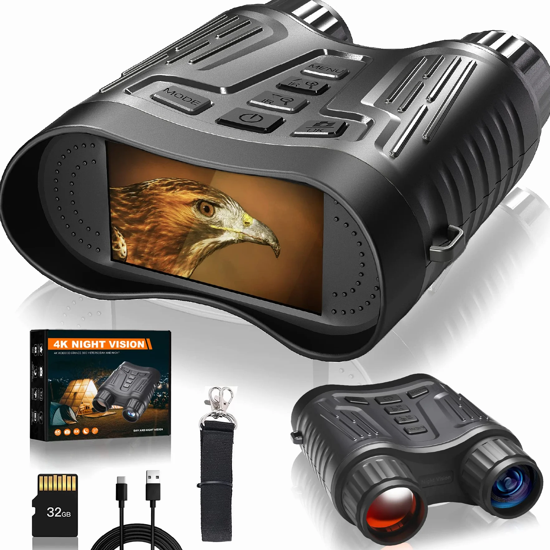 Lornetka noktowizyjna, Gthunder 4K 4000 mAh akumulator na podczerwień 8.1 cm HD LCD 8X cyfrowe gogle noktowizyjne z odległym zasięgiem widzenia w nocy w 100% ciemności z kartą TF 32 GB do monitoringu