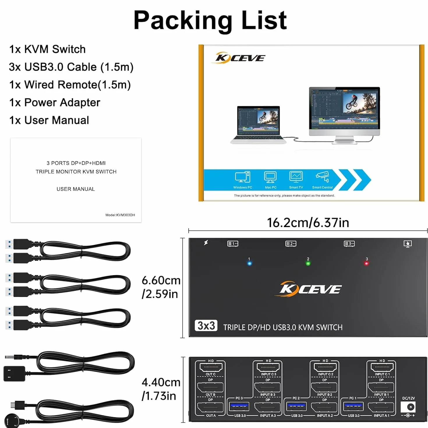 Przełącznik KVM 3 monitory 3 komputery 8K przy 60 Hz 4K przy 144 Hz, Camgeet HDMI+2 Displayport Przełącznik KVM Potrójny monitor dla 3 komputerów 3 monitory i 4 urządzenia USB 3.0, przewodowy pilot