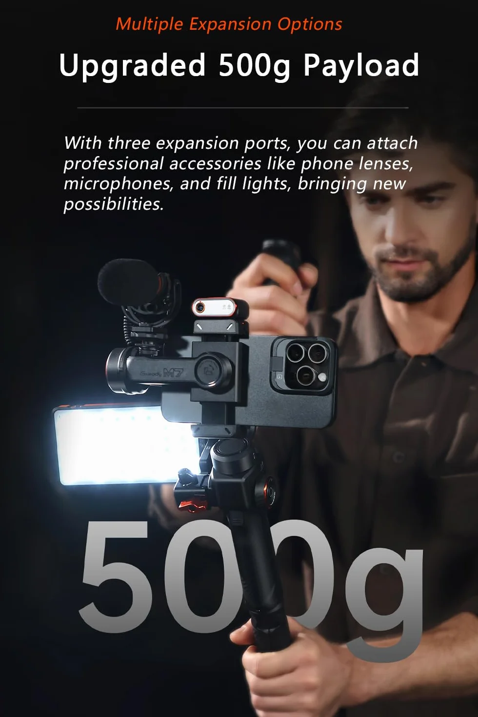 hohem iSteady M7 stabilizator do smartfona, tracker AI z regulowanym światłem RGB, zdejmowany pilot dotykowy, drążek przedłużający, stabilizator imbalowy o ładowności 500 g, dla iPhone i Android
