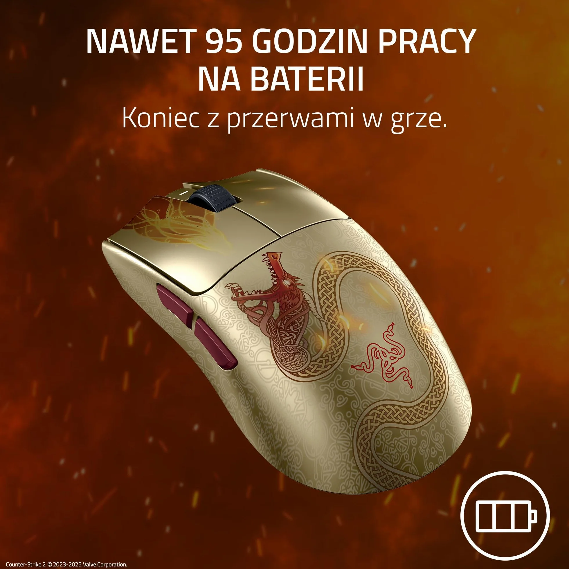 Razer Viper V3 Pro Counter-Strike 2 Dragon Lore - Ultralekka bezprzewodowa mysz do e-sportu - 55g - 8K HyperPolling - Czujnik Focus Pro 35K DPI - 2,4 GHz HyperSpeed - 95 godzin - PC/Mac | Dragon Lore