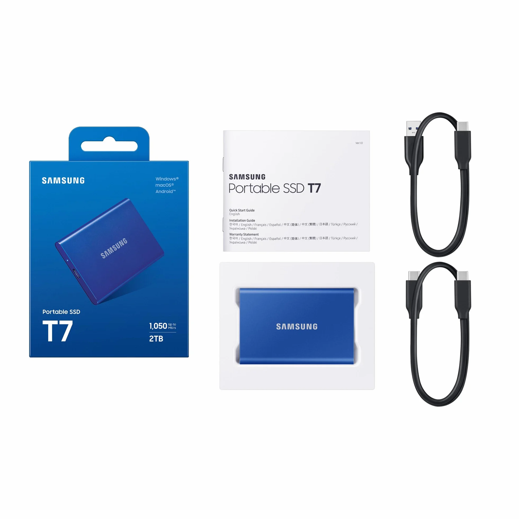 Przenośny dysk SSD Samsung T7, 2 TB, USB 3.2 Gen 2, odczyt 1050 MB/s, zapis 1000 MB/s, zewnętrzny SSD do iPhone'a 15+, komputerów Mac i PC, smartfonów i konsol do gier, niebieski, MU-PC2T0H/WW