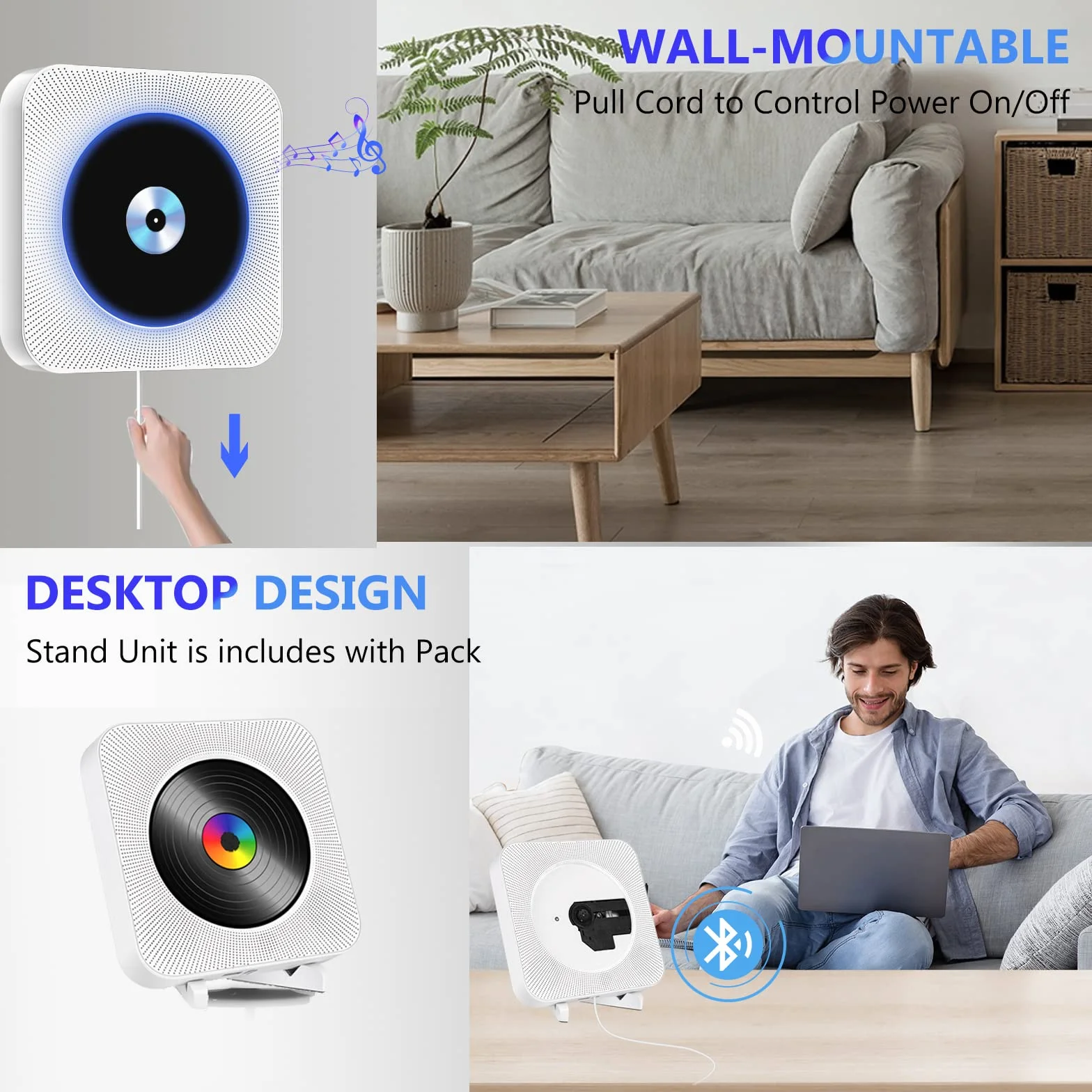 Przenośny odtwarzacz CD ze stojakiem na biurko, odtwarzacz CD Bluetooth, odtwarzacz muzyki w domu, obsługuje FM, port USB, wejście AUX, wyjście z regulowanym stelażem kątowym