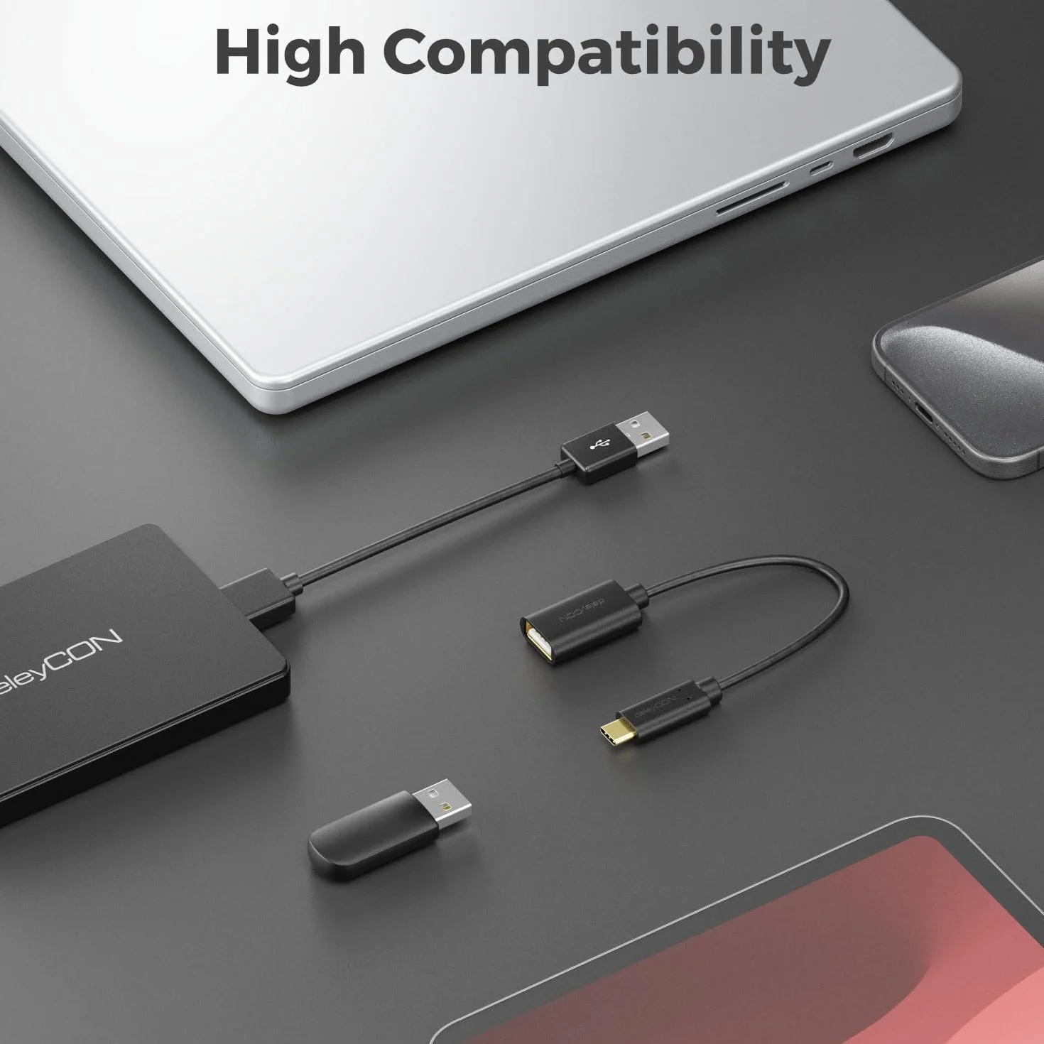 deleyCON 1 Sztuk Adapter USB-C do USB-A - OTG - Wtyczka C do Gniazda A - Kabel Kompatybilny z iPhone 17 16 Pro Max/15 Max, IPad, MacBook Pro/Air, Galaxy S25/S25/S24, Komputer, Notebook