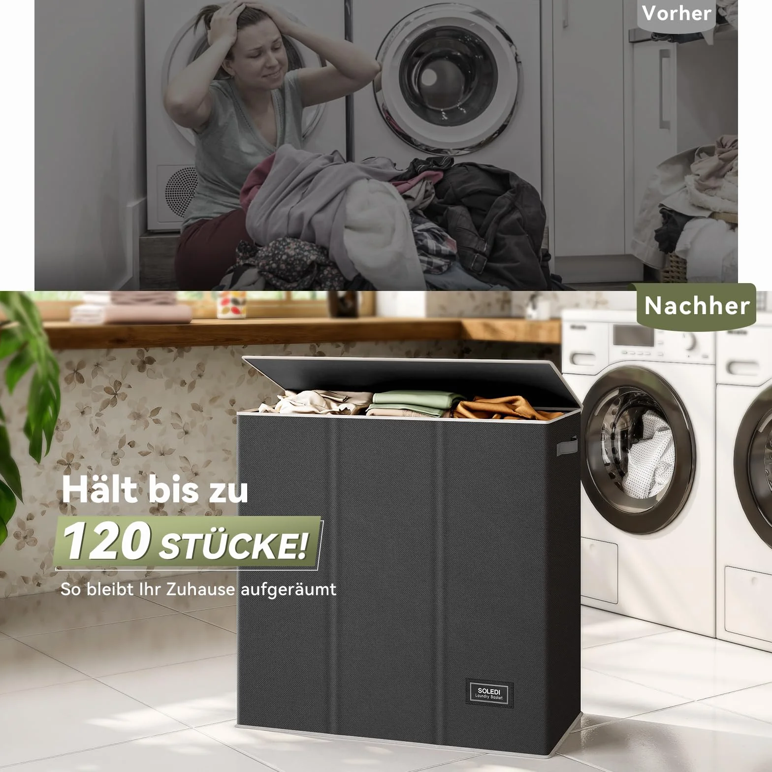 SOLEDI 160L kosz na pranie, sortownik na pranie 3 przedziały z pokrywką i 3 worekami na pranie - sortownik na pranie duży XXXL do łazienki, sypialni, pralni, pokoju dziecięcego
