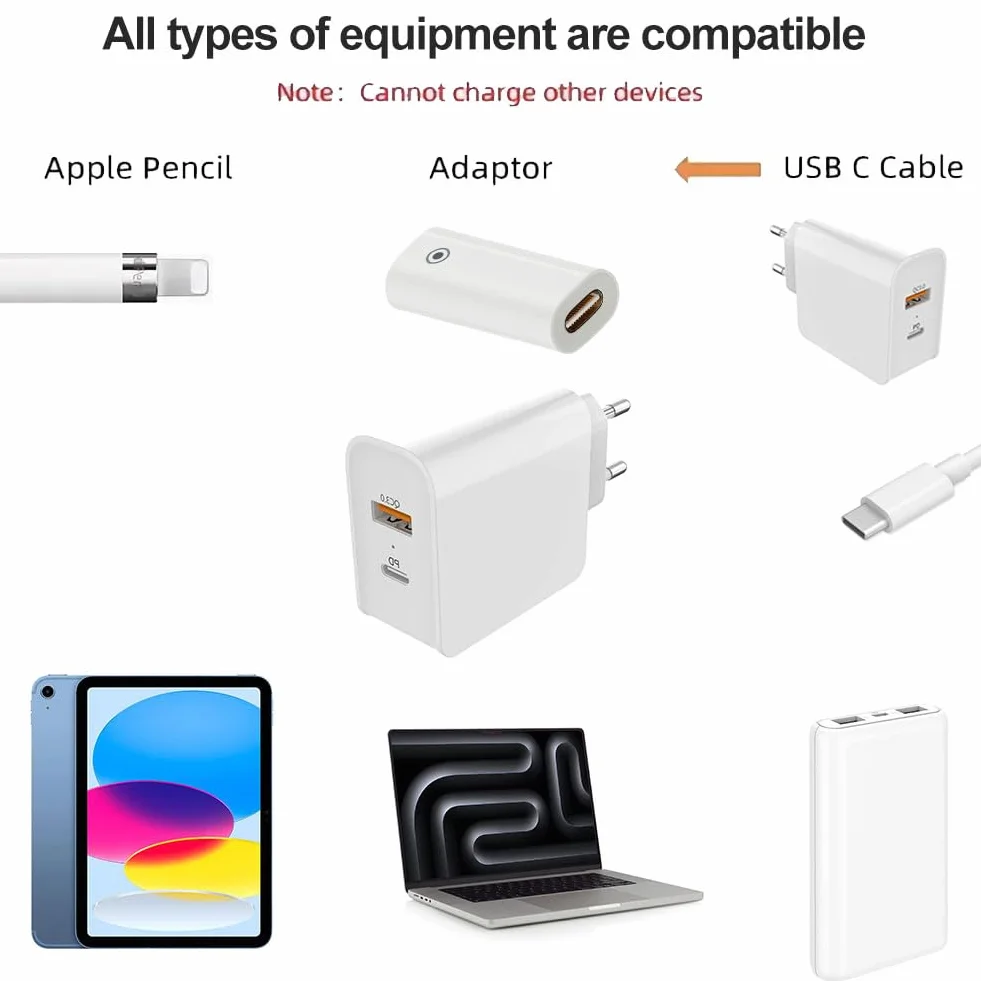 Cerioll USB C Pencil Charger Adapter for Apple Pencil 1st Gen, Charging Adapter Compatible with Apple Pencil, 1 Sztuk, Biały