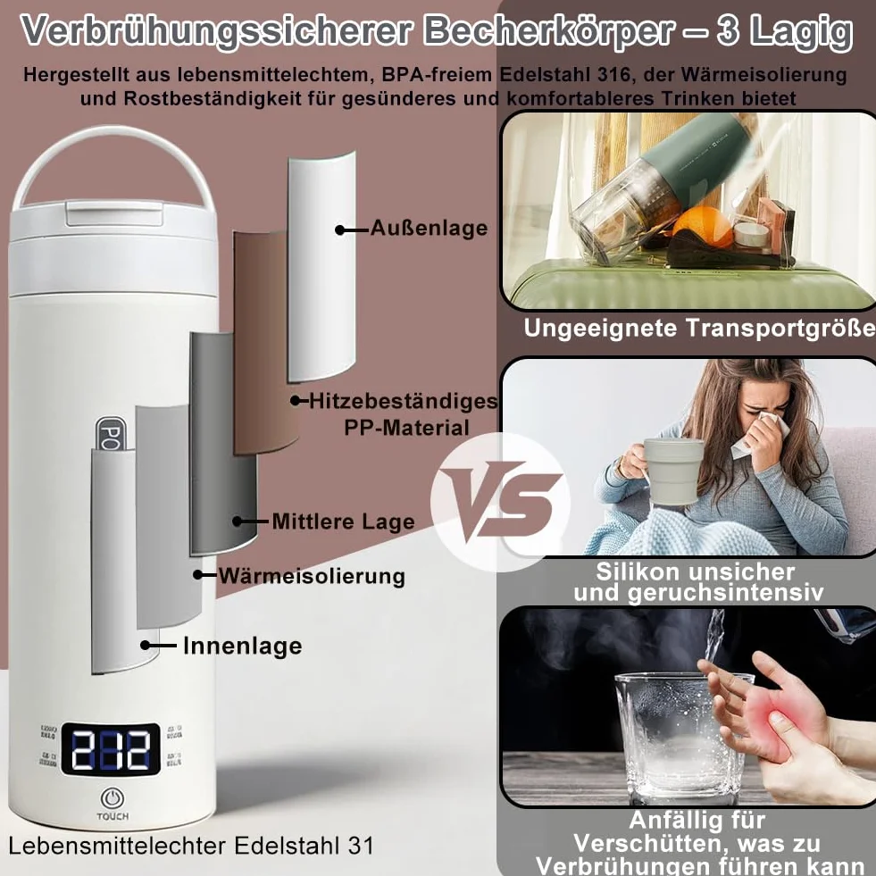 Elektryczny czajnik podróżny 500 ml 300 W stal nierdzewna 316 automatyczne wyłączenie