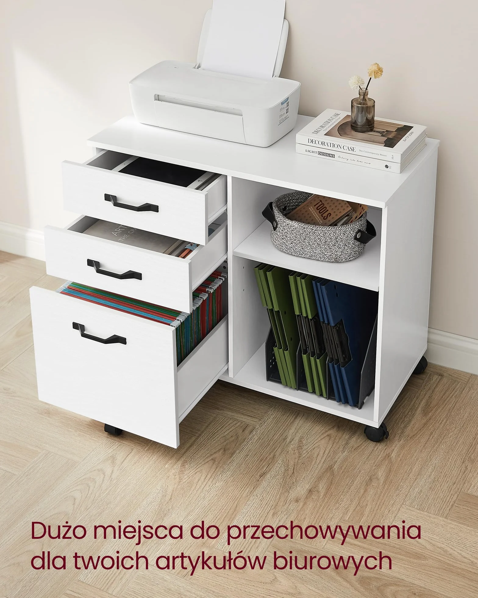 VASAGLE kontener na kółkach z 3 szufladami na dokumenty A4 stojak na drukarkę biały