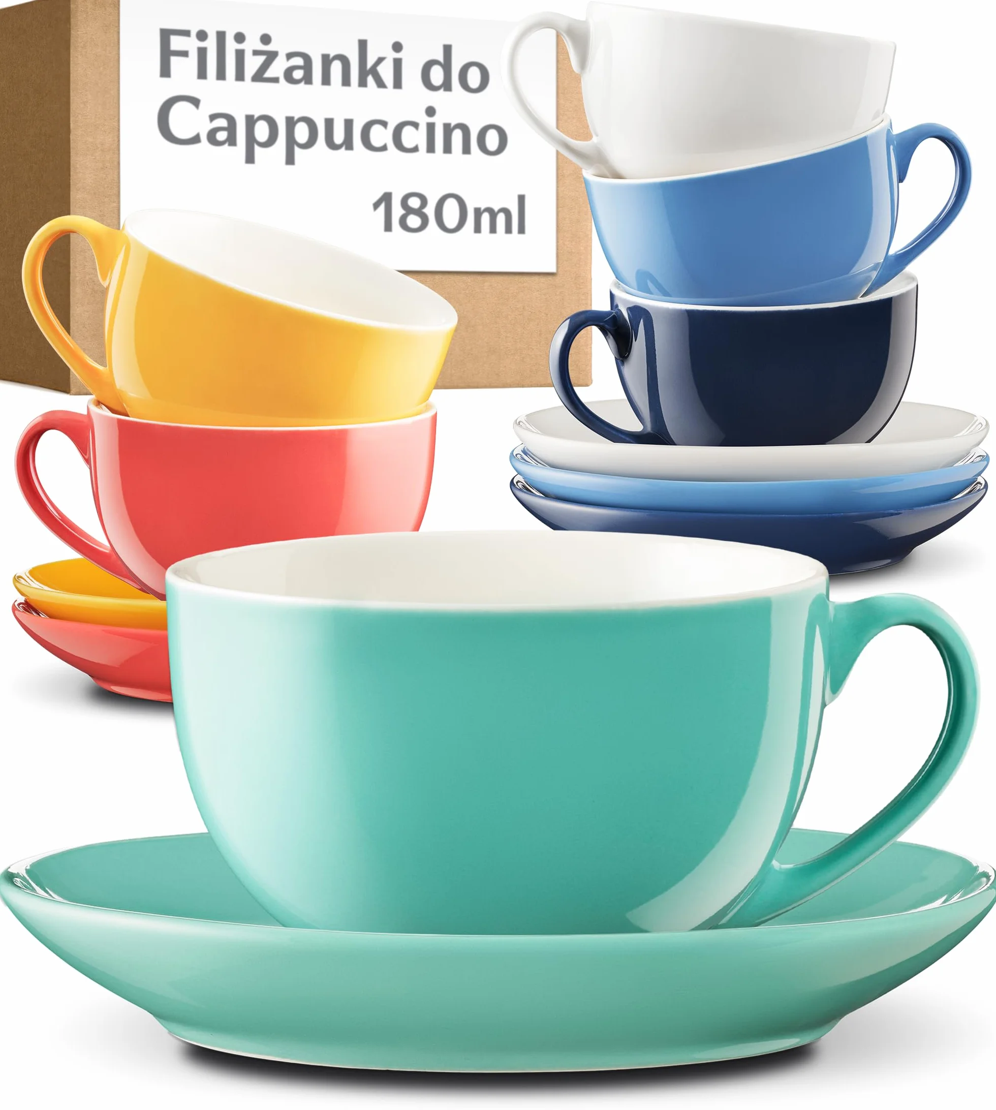 Cosumy Zestaw 6 Filiżanek do Cappuccino ze Spodkami Kolorowe - 180ml Ceramika Utrzymuje Ciepło - Kubki do Kawy Sztaplowane & Zmywarka - Filiżanka do Cappuccino z Uchem - Pudełko Prezentowe