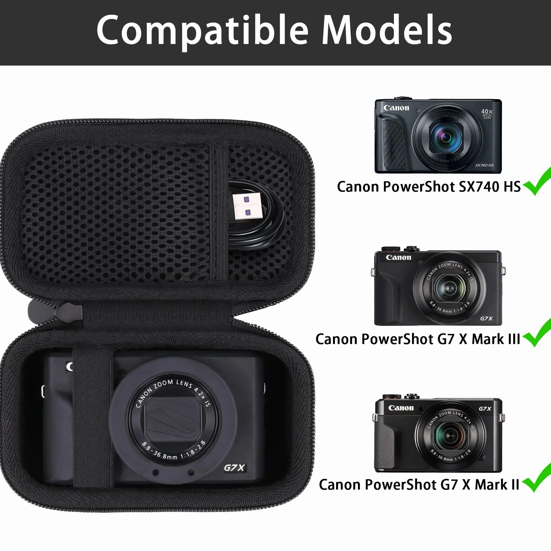 Khanka Do Canon PowerShot SX740 HS/G7 X Mark II/Mark III/V1 Aparat cyfrowy twardy futerał podróżny z uchwytem i paskiem na ramię, tylko etui, czarny, 15.4 x 9.3 x 8 cm, Swobodny