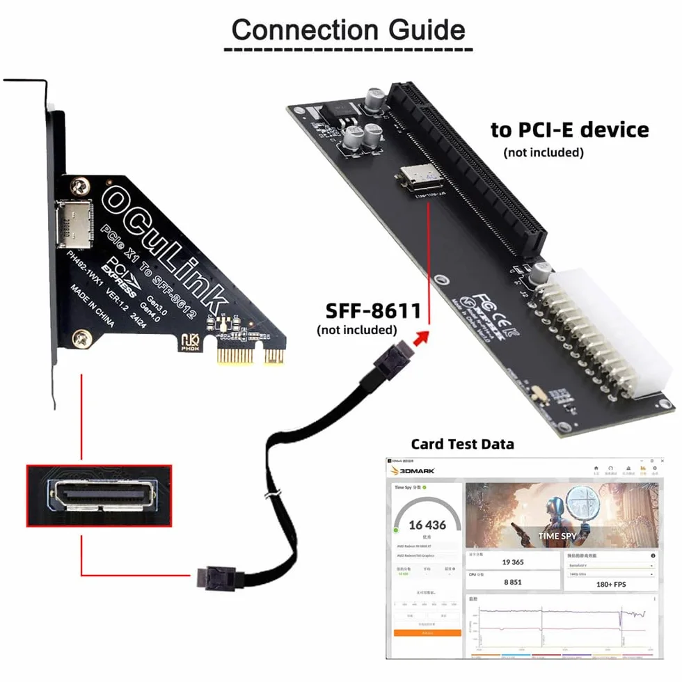 1x adapter PCI-Express 4.0 PCIE na kartę hosta Oculink SFF-8612 SFF-8611 do SSD eGPU U.2, stacja dokująca do zewnętrznej karty graficznej