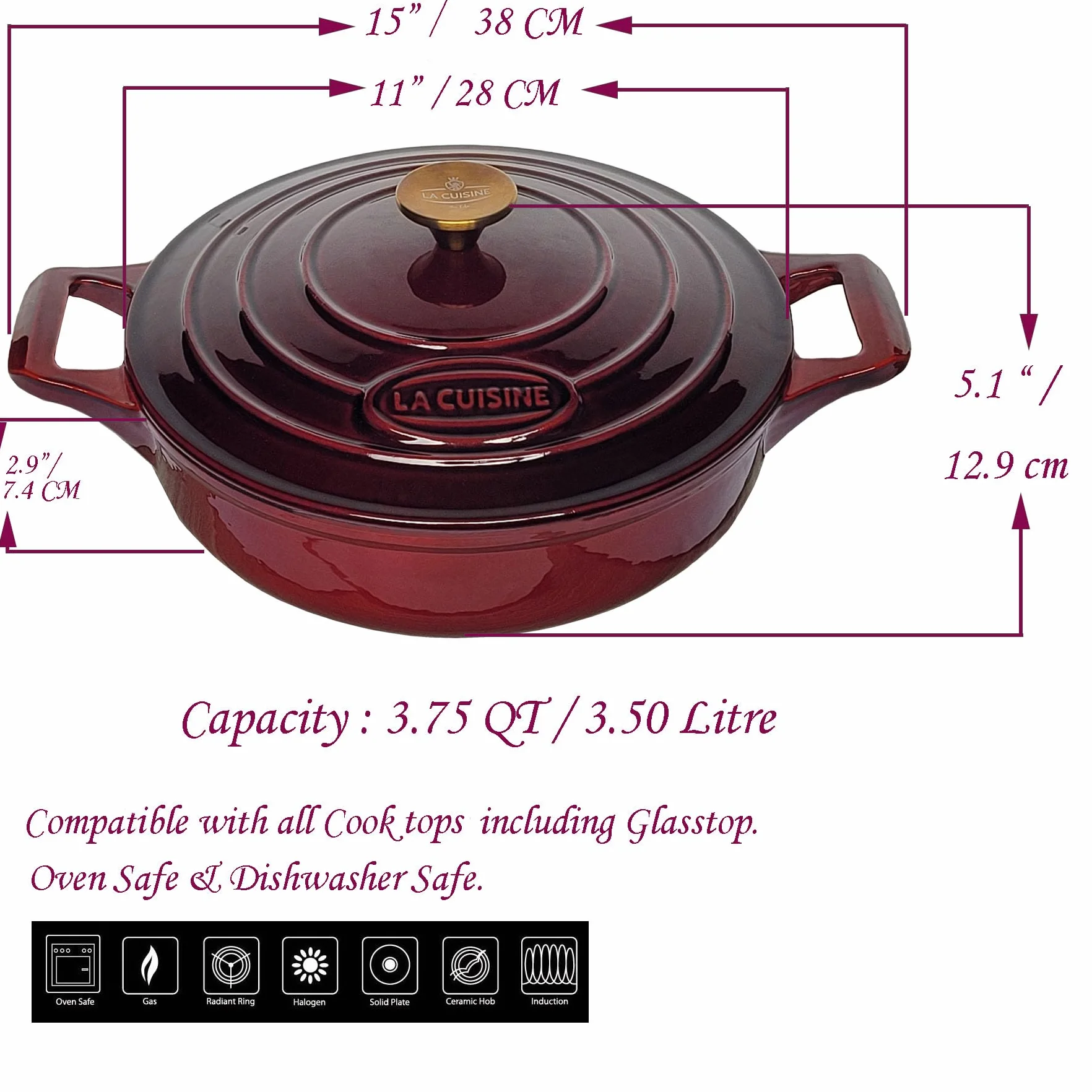 La Cuisine Żeliwna patelnia 28 cm 3,5 l emaliowana żurawinowa pozłacany uchwyt pokrywka ze stali nierdzewnej do piekarnika