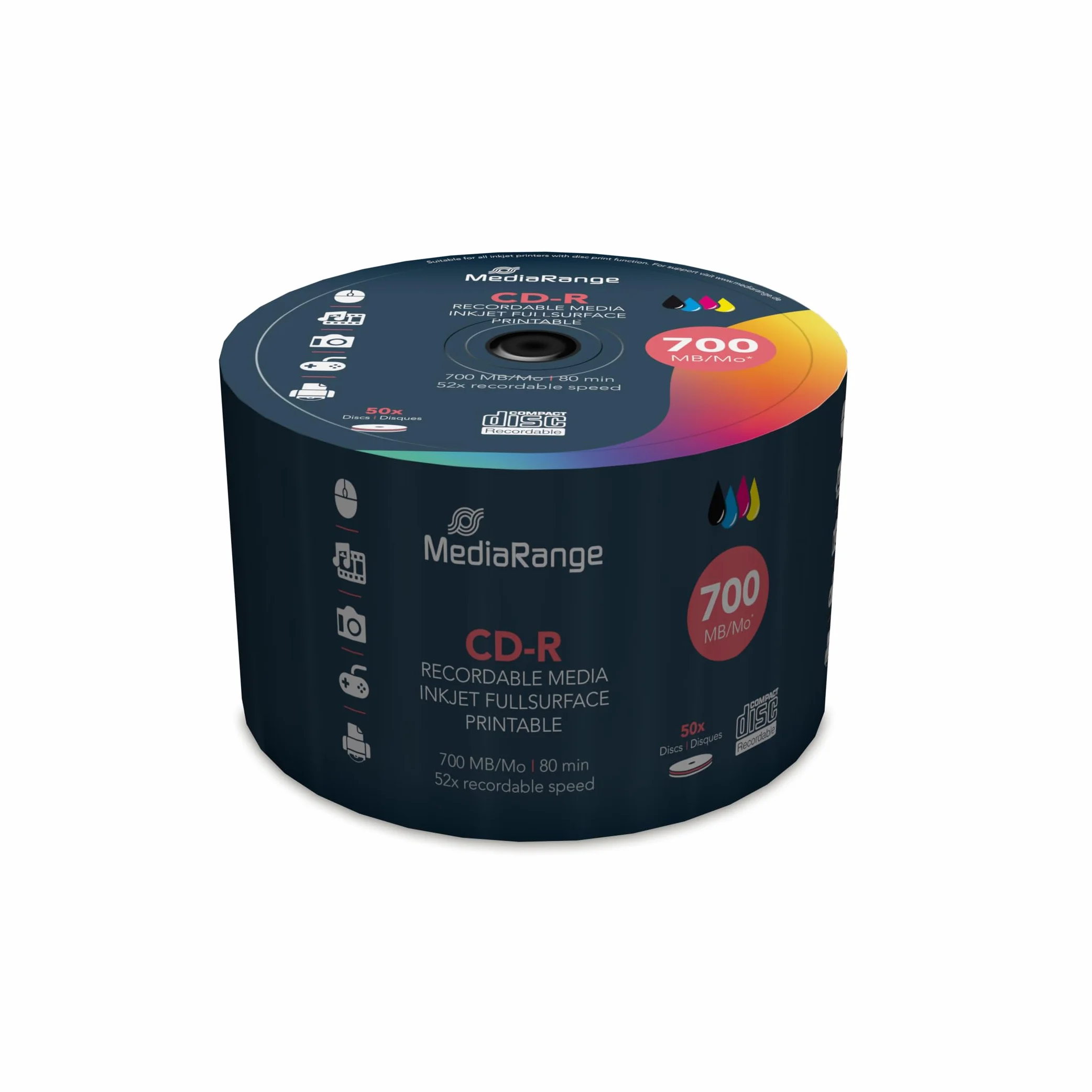 MediaRange CD-R 700MB|80min 52-krotna prędkość zapisu, możliwość zadrukowania na całej powierzchni (drukarka atramentowa), pudełko na ciasto 50 szt