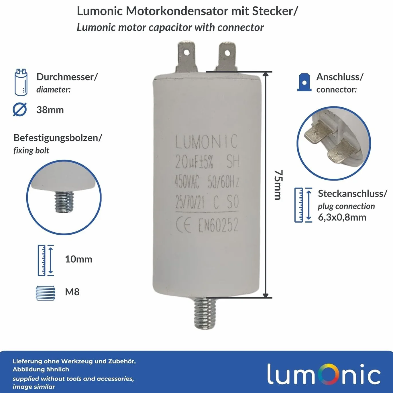 Lumonic Kondensator rozruchowy 20µF 450V | z WtyczkaX I 38x75mm I 20uF I Kondensator silnikowy z plastikowa obudowa I Kondensator operacyjny I do pomp, kosiarek, narzedzi