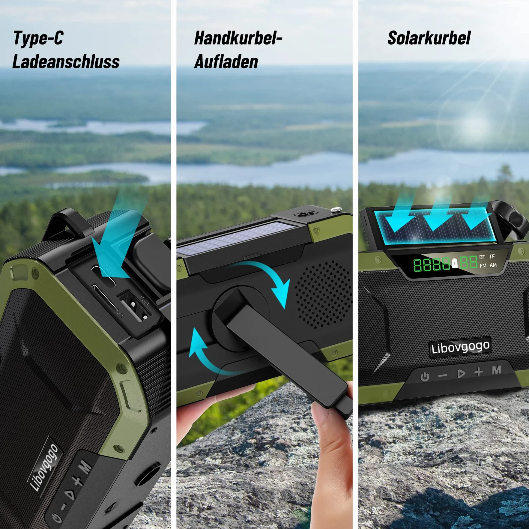 Radio awaryjne, ochrona przed rozbryzgami wody, głośnik Bluetooth, przenośne radio solarne AM/FM, z latarką, panel solarny LED, 5000 mAh, powerbank outdoorowy, kemping, dynamo
