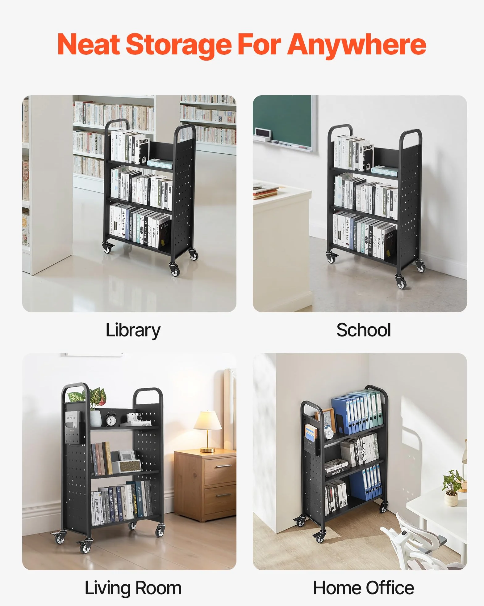 VEVOR Koszyk na książki z biblioteką na kółkach, pojemność 150 kg, wózek biblioteczny 30 x 15 x 48 cm, jednostronne półki w kształcie litery V z 3-calowymi zamykanymi kółkami, ciężarówka na półki