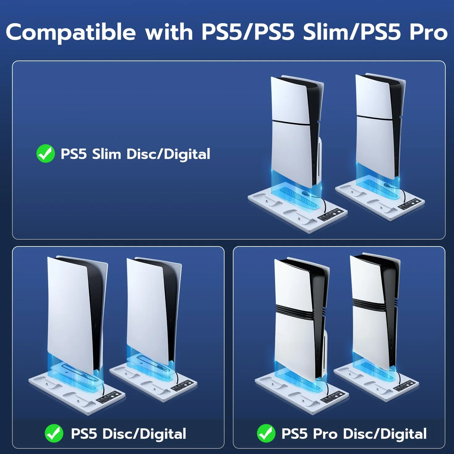 Pionowa podstawa z chłodzeniem do PS5/PS5 Slim, stacja ładująca Dual Controller z 3-stopniowym wentylatorem/światło RGB do PS5 UHD & Digital / PS5 Slim Disc & Digital