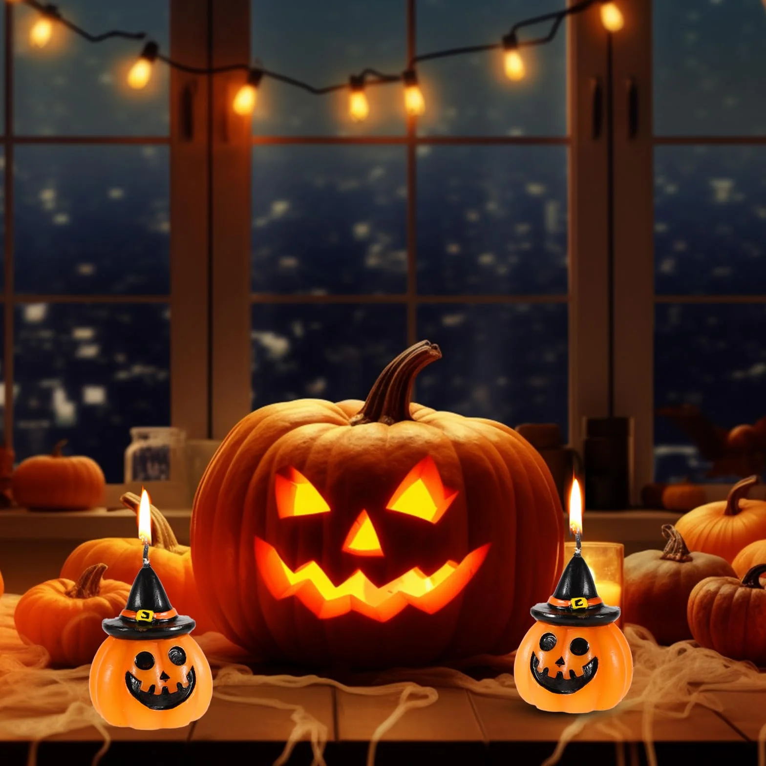 6 Szt. Swiece Dyniowe, Swiece na Halloween Slodkie Dynia Twarz Ducha z Kapeluszem Czarownicy Dekoracje na Wosk Mini Prezent Jesien Halloween Przyjecie Domowe Wystrój