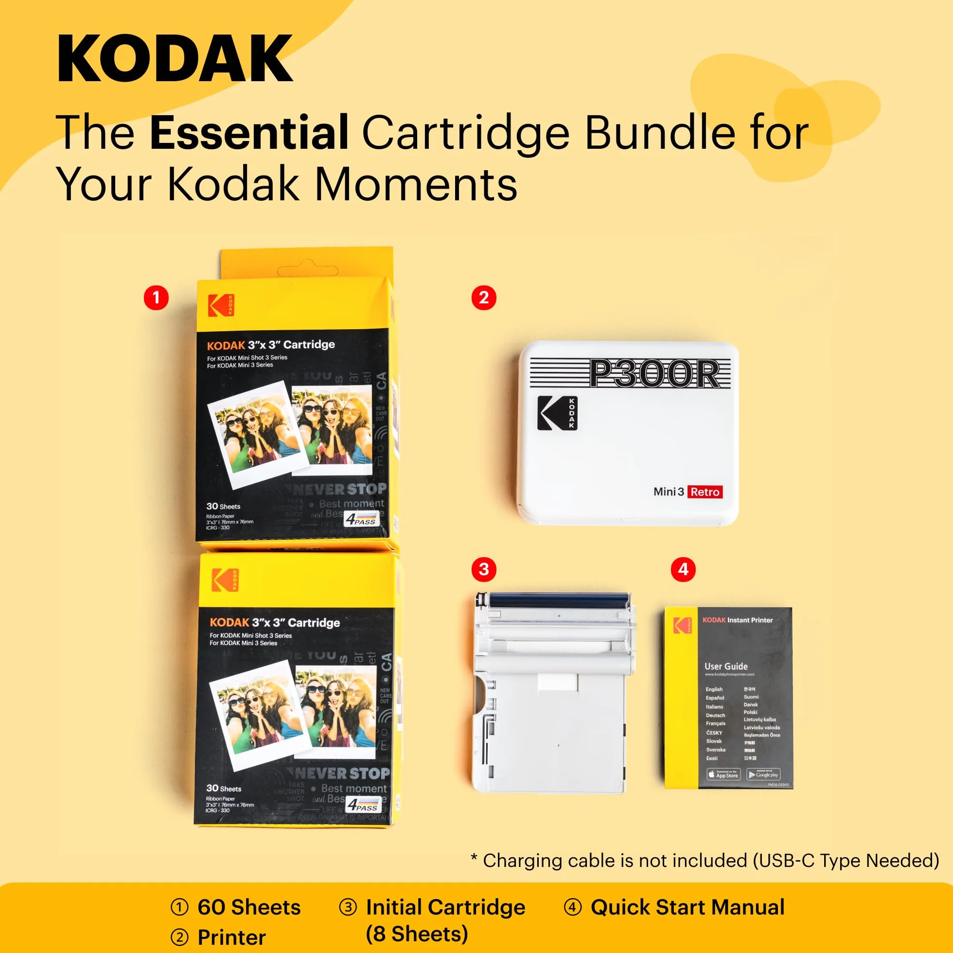 KODAK Mini 3 retro 4PASS Przenośna drukarka fotograficzna (7,6 x 7,6 cm) + 68 arkuszy, pakiet, żółta